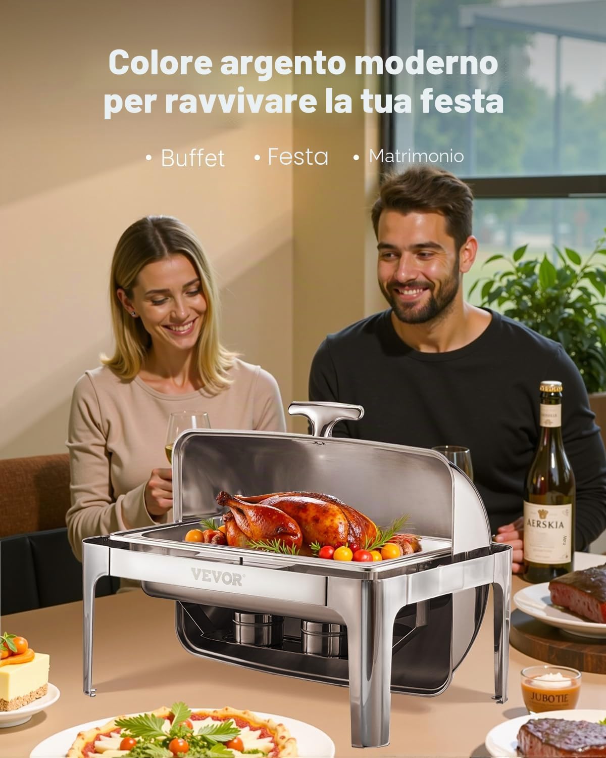 VEVOR Set di Scaldavivande 8,5 L Scaldavivande Rettangolare in Acciaio Inox, con Padella di Dimensioni Standard, Coperchio, Supporto Pieghevole per Acqua, Supporto per Carburante, Clip per Pasti