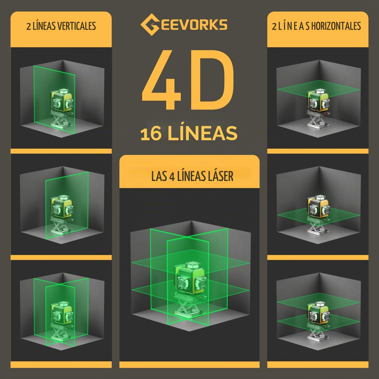 Geevorks Nivel Láser Autonivelante con Tripode,Nivel Laser Autonivelante 360 Grados 16 Líneas, Autonivelante de 3°,Alta Precisión,Pantalla Digital,2 * 2400 mAh Batería,Mando a Distancia