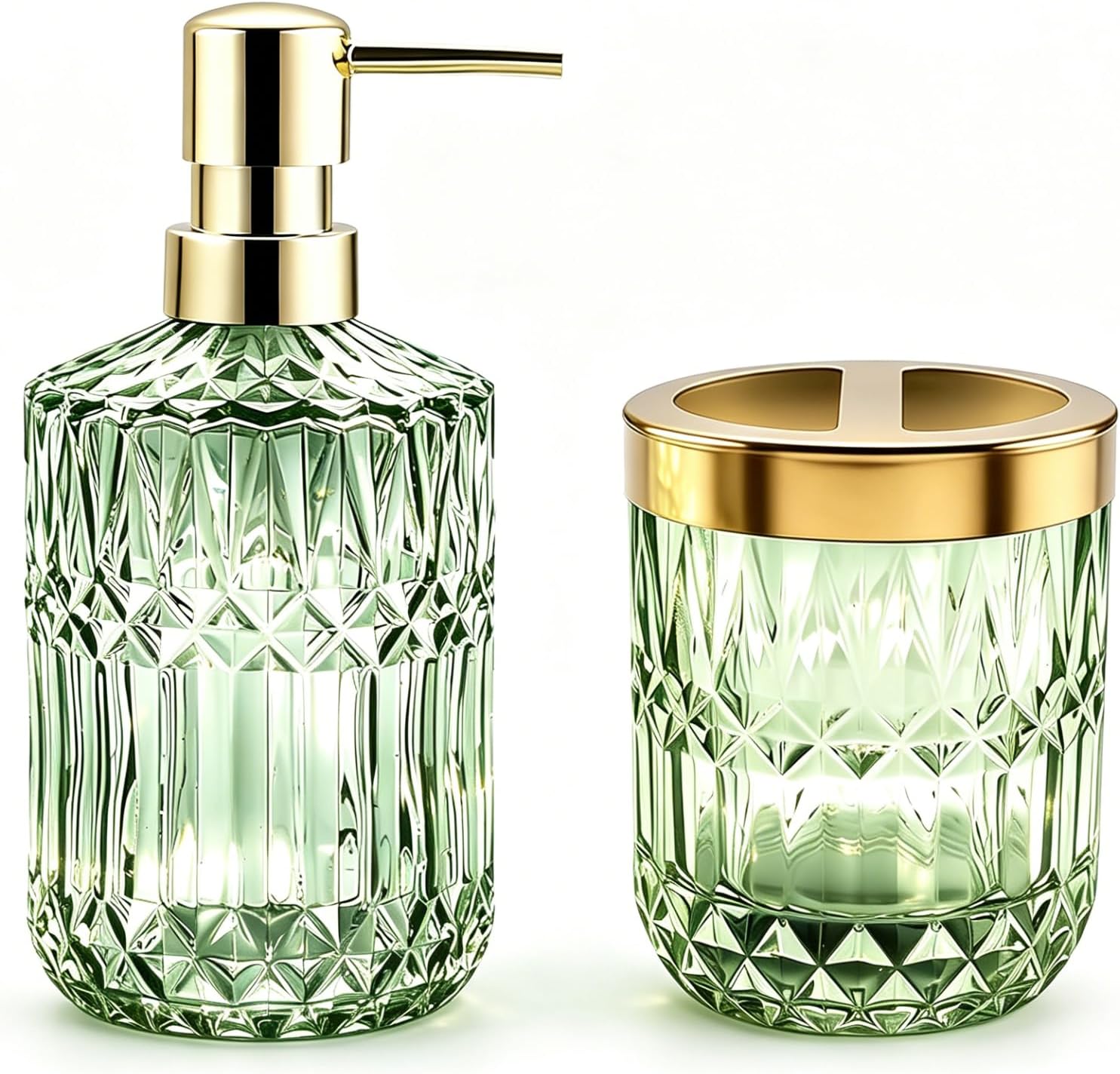 2Pcs Green Bathroom Accessories Set, Glass Bathroom Accessories, Vintage Bathroom Countertop Decoration Includes Soap Dispenser, Toothbrush Holder