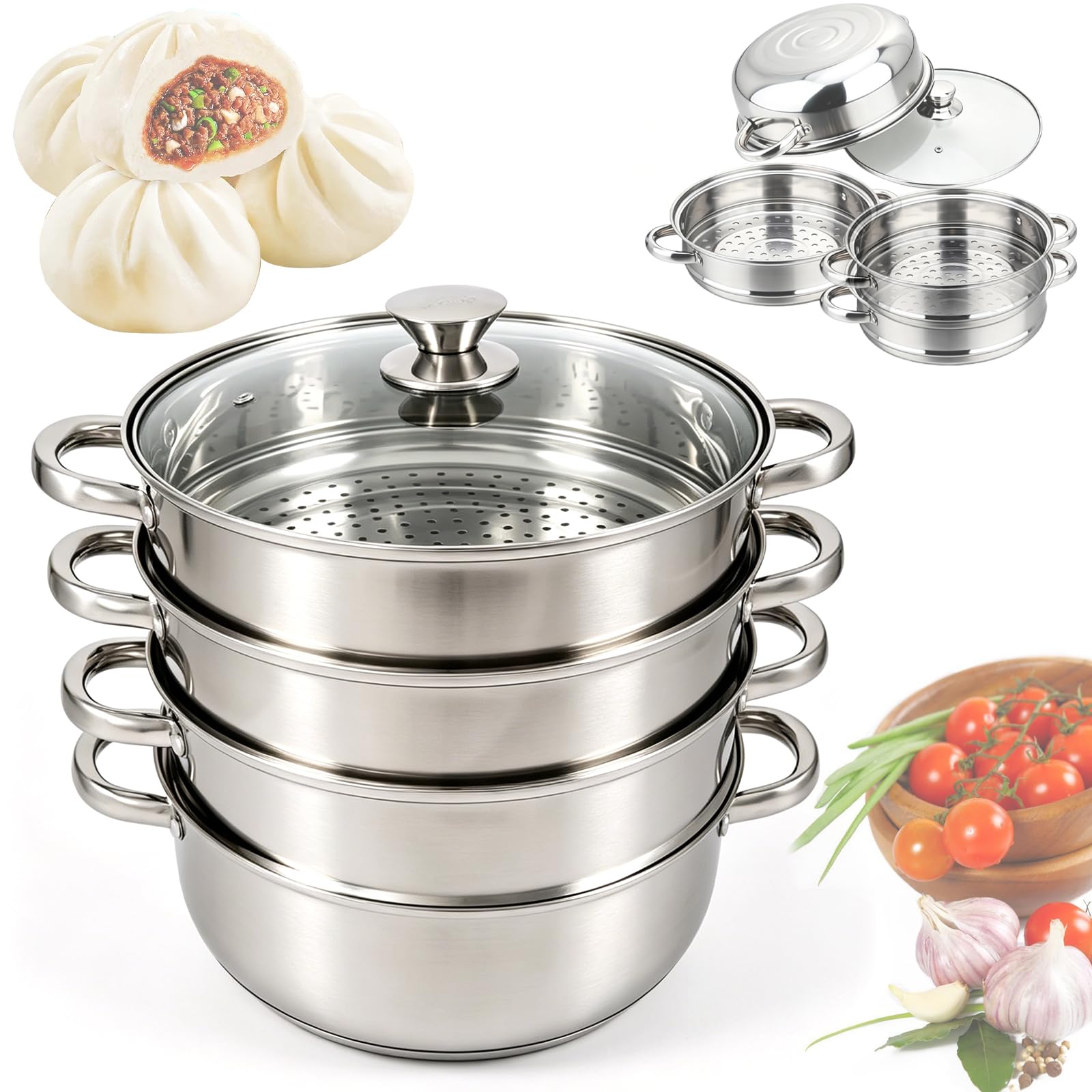 LOMUG Dampfgarer zum Kochen – 28 cm Edelstahl-Dampfgarer mit Dämpfeinsatz, 3/4/5-stöckiges Kochgeschirr mit Deckel zum Garen von Gemüse, Meeresfrüchten, Suppen, Eintöpfen und Pasta