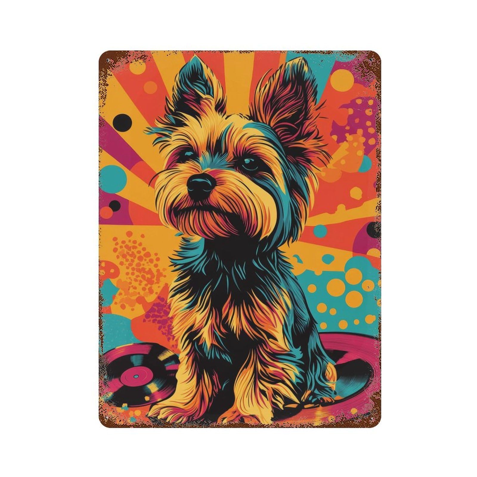 Rust Effect Yorkshire Terrier Pop Art Yorkshire Terrier Funky Pop Art Weathered Tin Sign 15.7"x11.8", Shabby Chic Decor for Patio, Garden Room And Bar Decor
