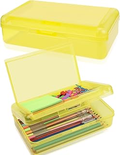 1 PCS Pencil Box,Double Layer Large Capacity Pencil Box,Hard Pen Case with Snap-tight Lid, Plastic Pencils Case for Office School Supplies Pen Boxes,Storage Organizer for Gel Pens Erasers-Yellow