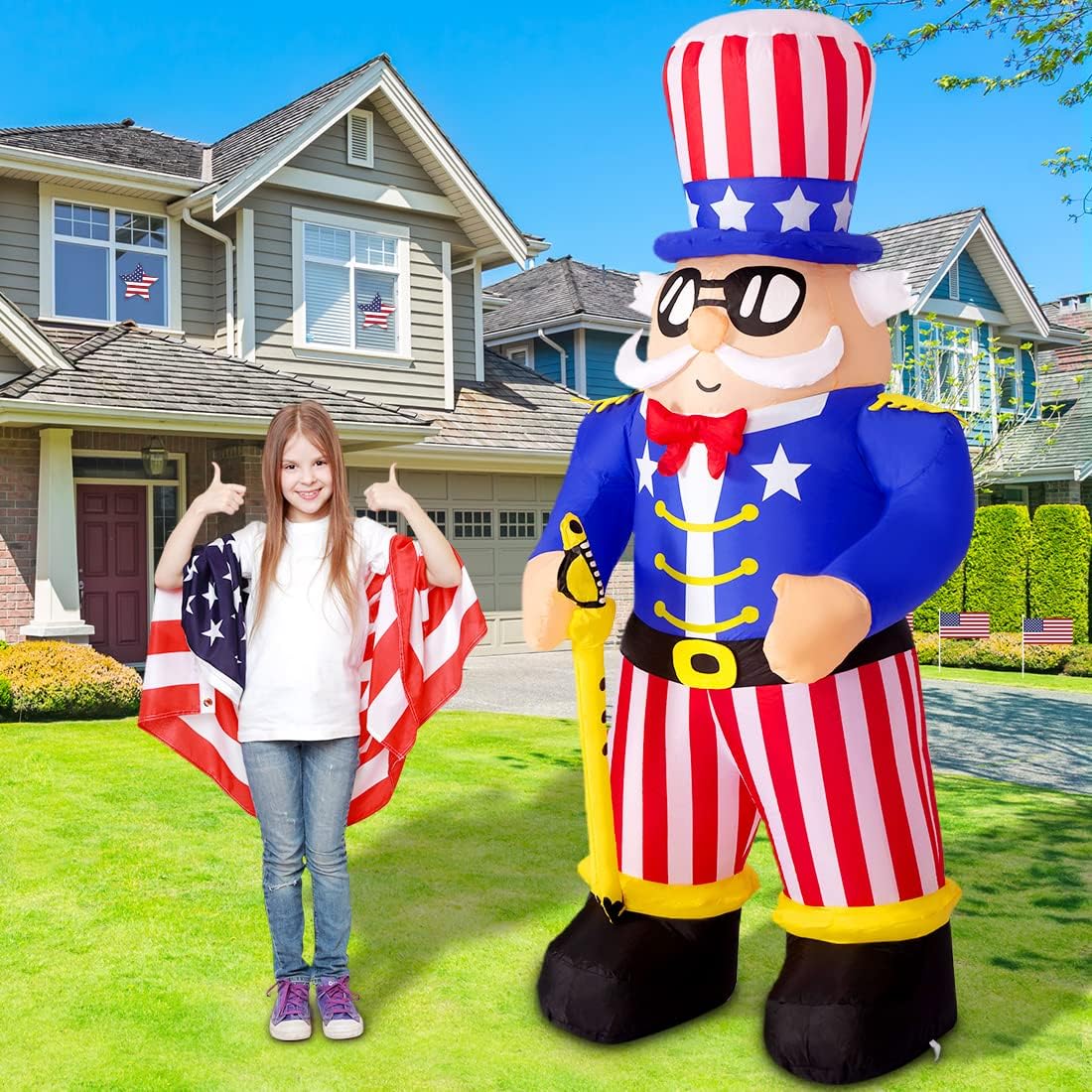 COMIN Independence Day July 4th Inflatable 6.7FT Uncle Sam with Sword Built-in LEDs Blow Up Yard Decoration for Holiday Party Indoor Outdoor Yard Garden Lawn