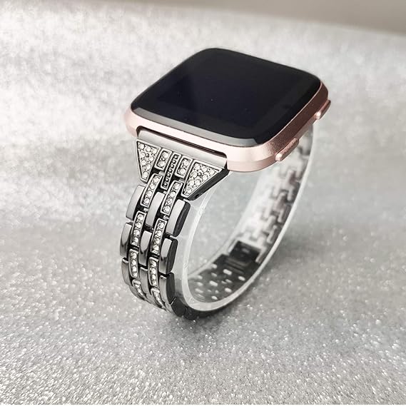 Bands Compatible with Fitbit Versa 2/Versa Lite/Versa, Women Replacement Metal Rhinestone Bling Bracelet Wristband, Black