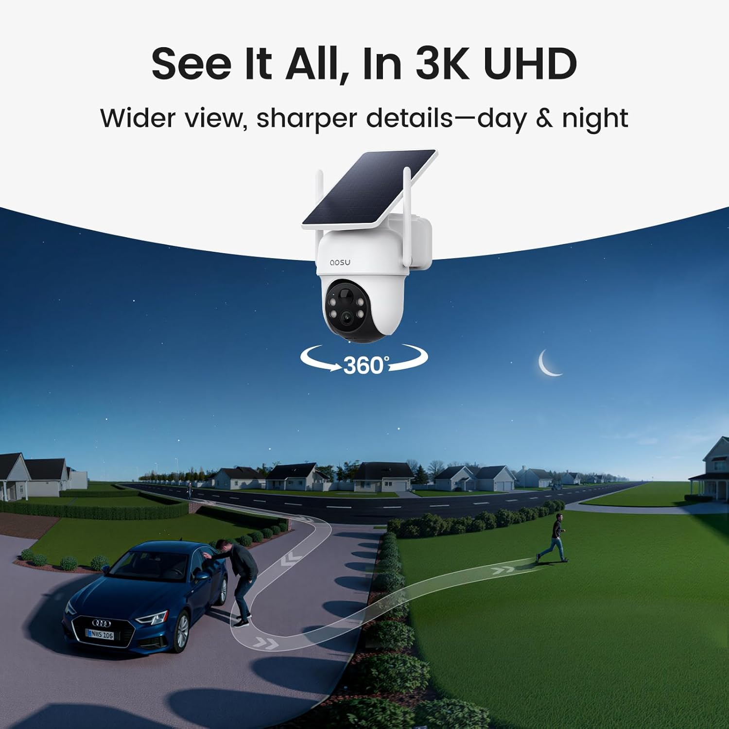 aosu D1 Classic 8-Cam Wireless Outdoor Security System, Solar Powered, 3K FullColor Night Vision, 360° PTZ, Smart AI Tracking, Local 32GB (Up to 16TB), One App Control, No Subscription Required