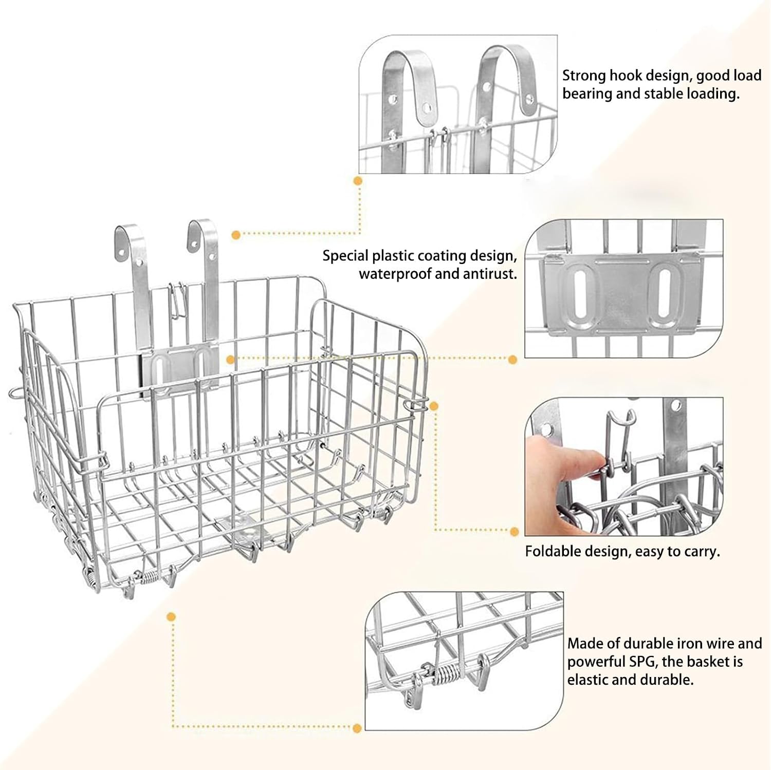 Folding Rear Bike Basket Steel Baskets Quickly Release Rack Cargo Basket with Reflective for Most Mounted Black image 3