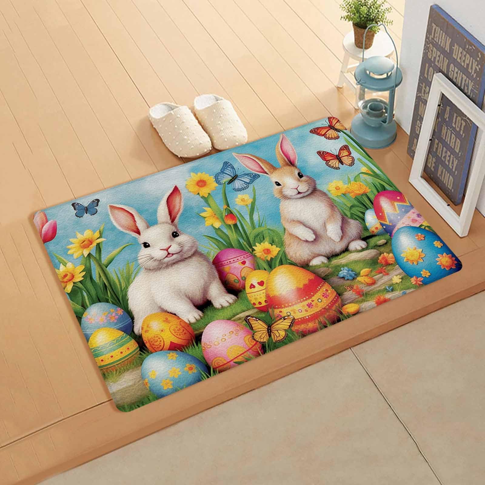 Easter Rabbits Kitchen Bath Door Mat Cushioned Runner Rug,Washable Welcome Floor Sink Antifatigue Mat,Waterproof & Non-Slip Comfort Standing Doormat,Easter Bunny Egg Watercolor Floral 18