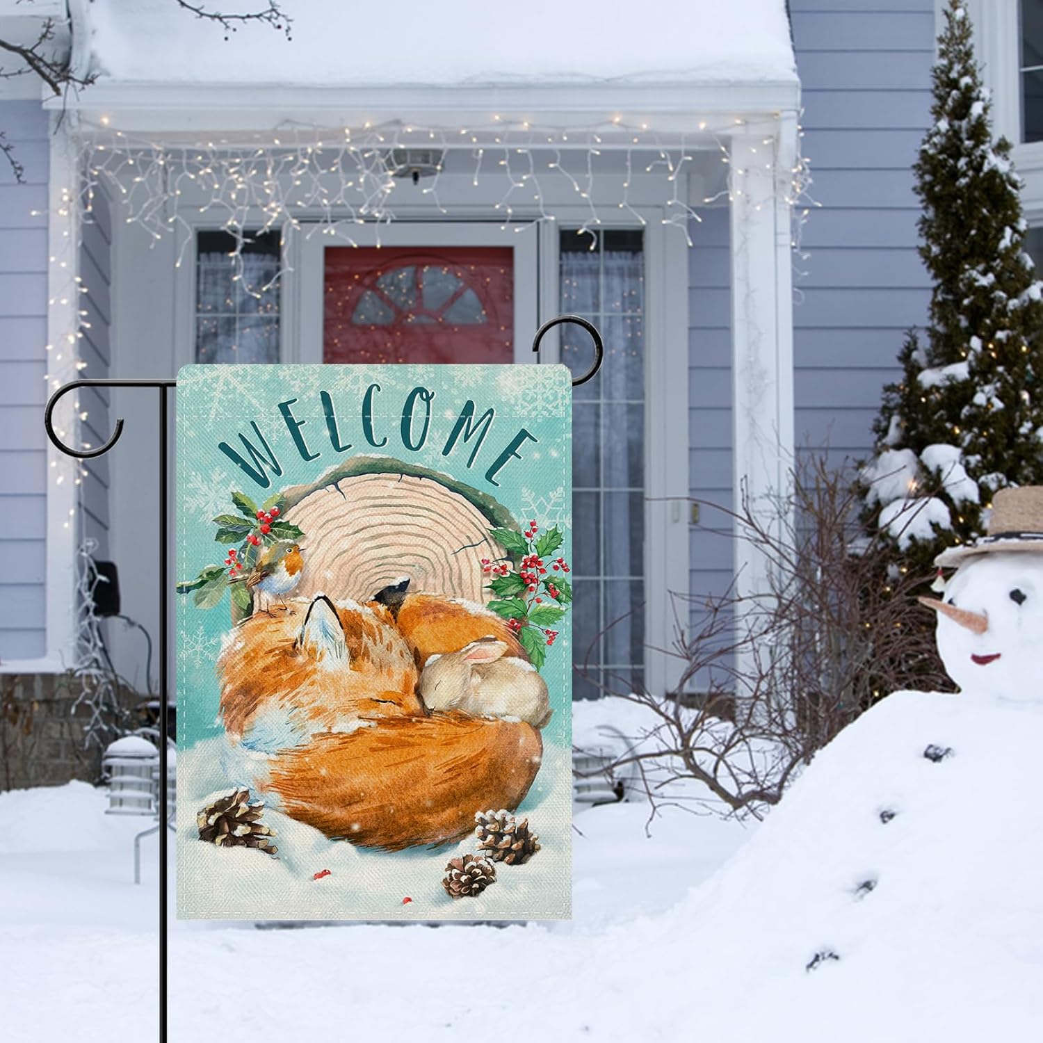 Dyrenson Welcome Winter Fox Decorative Garden Flag, Forest Animals Rabbit Robin Stump Snowflake Yard Outside Home Decoration, Woodland Christmas Burlap Outdoor Small Decor Double Sided 12 x 18 - Image 5