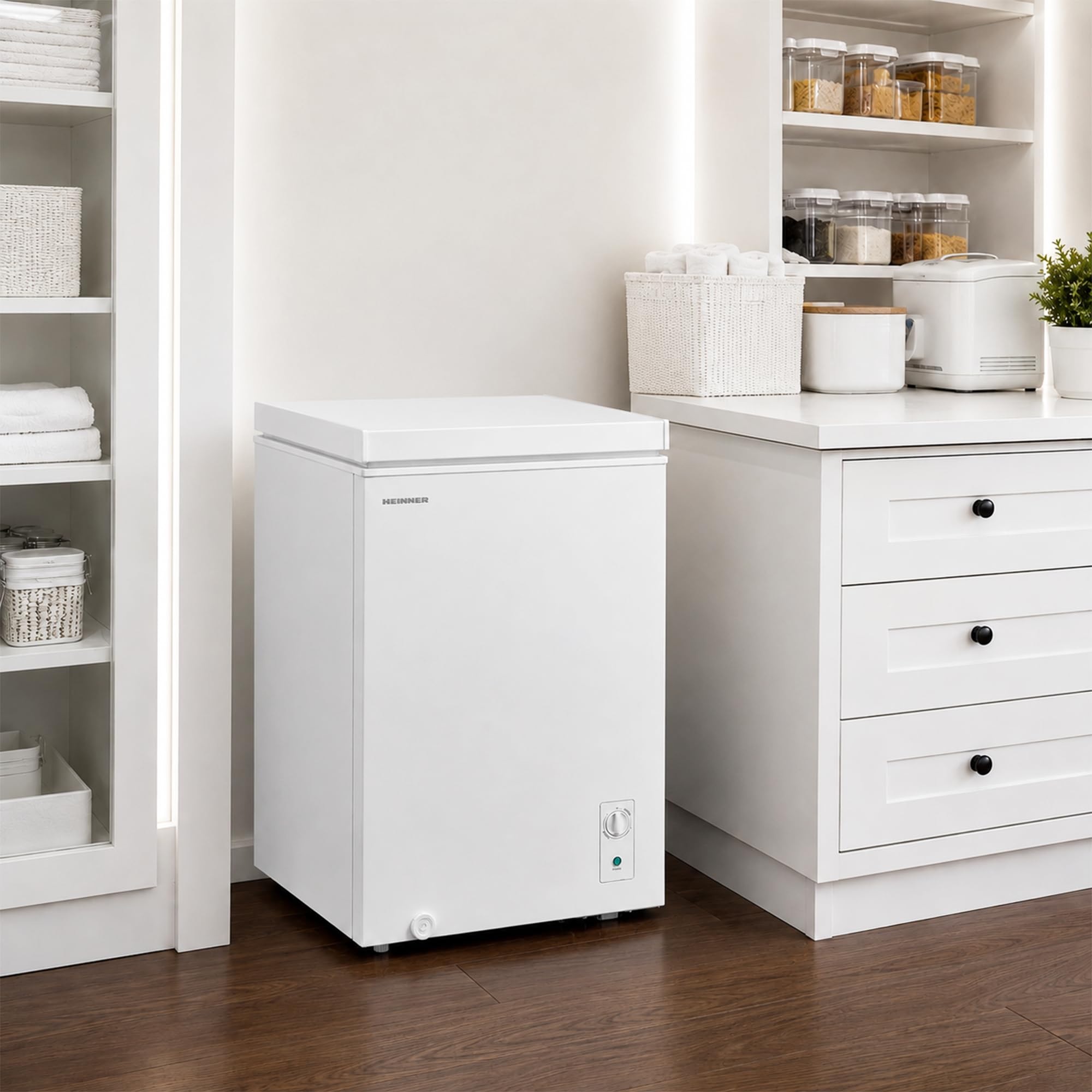 Gefriertruhe 99L Weiß mit Inverter-Kompressor – Tiefkühltruhe Freistehend, Schnellgefrieren, LED-Innenbeleuchtung, 4-Sterne, Einhängekorb, Energieklasse E, leise, für Keller & Garage