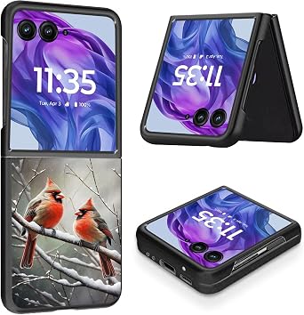 for Samsung Galaxy Z Flip 7 Case, PU Leather & Hard PC 2-in-1 Slim Fit, Matte Anti-Fingerprint Thin Folding Shockproof Protective Phone Case for Samsung Flip 7 6.85"-Cardinals Birds Snow Winter