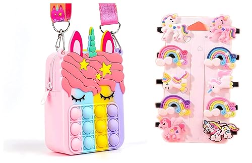 Economical Store 91 Beautiful Unicorn Rainbow Round Shape Cross Body Sling Bag Shoulder Purse Coin Money Bag with 10 Pcs Unicorn Hairclips for Girls Birthday Gift Combo Return Gift Ideas.