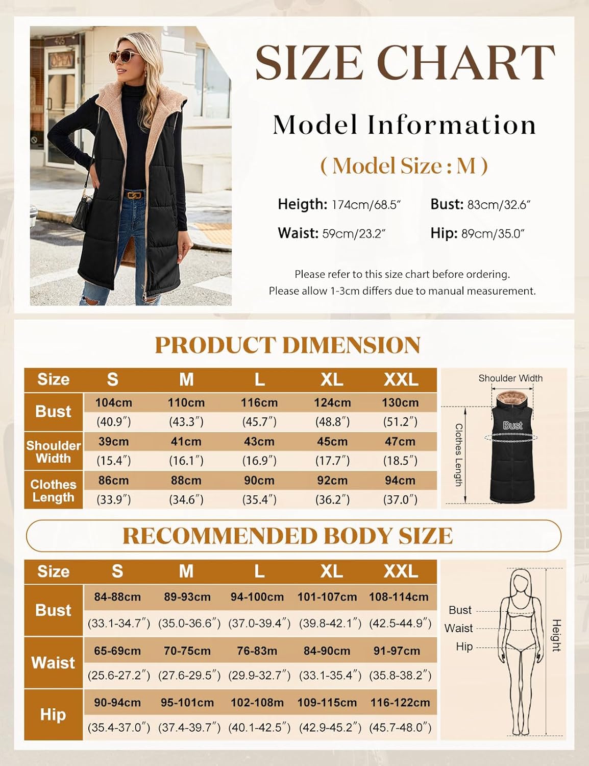 Womens Fall Reversible Vests Sleeveless Fleece Hoodie Jacket Zip Up Winter Warm Hooded Long Coat Outerwear with Pockets - Image 6