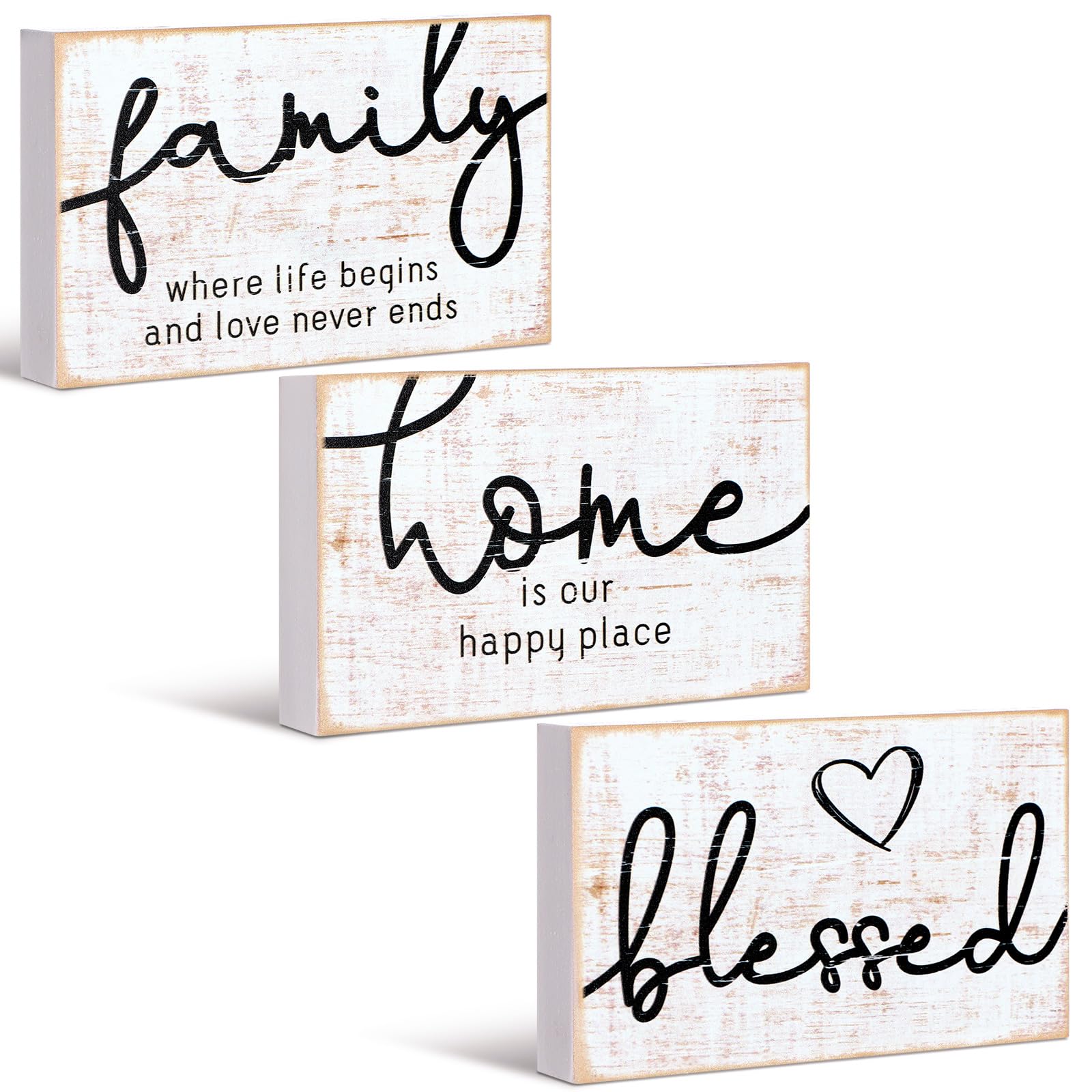 Jetec 3 Pcs Family Home Blessed Rustic Wood Sign Mini Wood Decorative Farmhouse Woodworks Table Shelves Decorations Sign for Bedroom Kitchen Living Room Table D