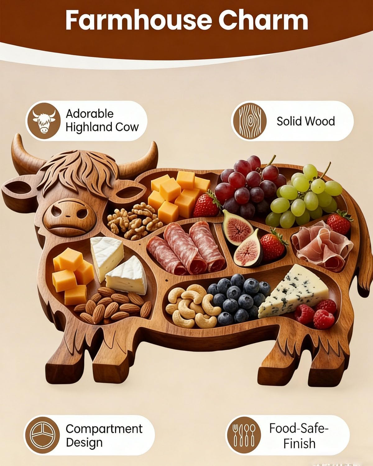 Highland Cow Charcuterie Board Wooden Boards for Serving Food Highland Tray Cheese Natural Solid Wood with Compartments Rustic Farmhouse Shaped Made from Divided Style Meat Fruit Snack Cracker (1PC)