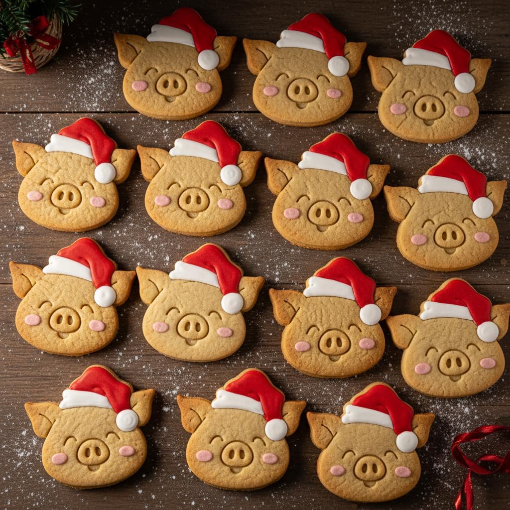 BAKERLOGY Set of 2 Happy Santa Farm Animal Cookie Cutters – Pig & Cow with Christmas Hats for Holiday Baking, Cookies & Crafts