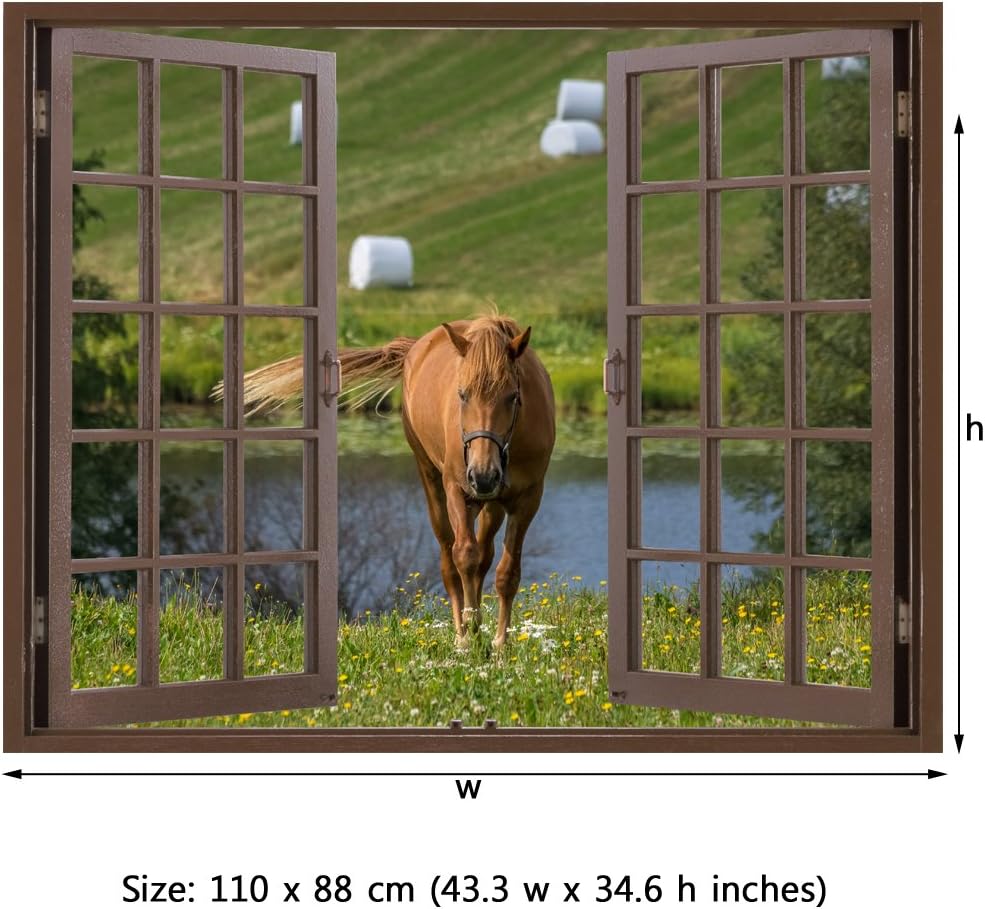 RoyalWallSkins Window Frame Mural Walking in Silence The Horse - Huge Size - Peel and Stick Fabric Illusion 3D Wall Decal Photo Sticker