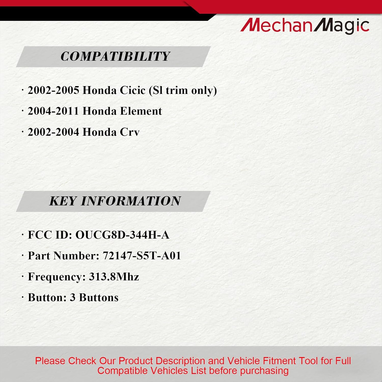 MechanMagic Key Fob Replacement Fits for 2002 2003 2004 2005 Honda Civic SI CRV / 2004-2011 Honda Element (FCC ID: OUCG8D-344H-A) Keyless Entry Remote Control PN:72147-S5T-A01 315 MHZ Set of 2