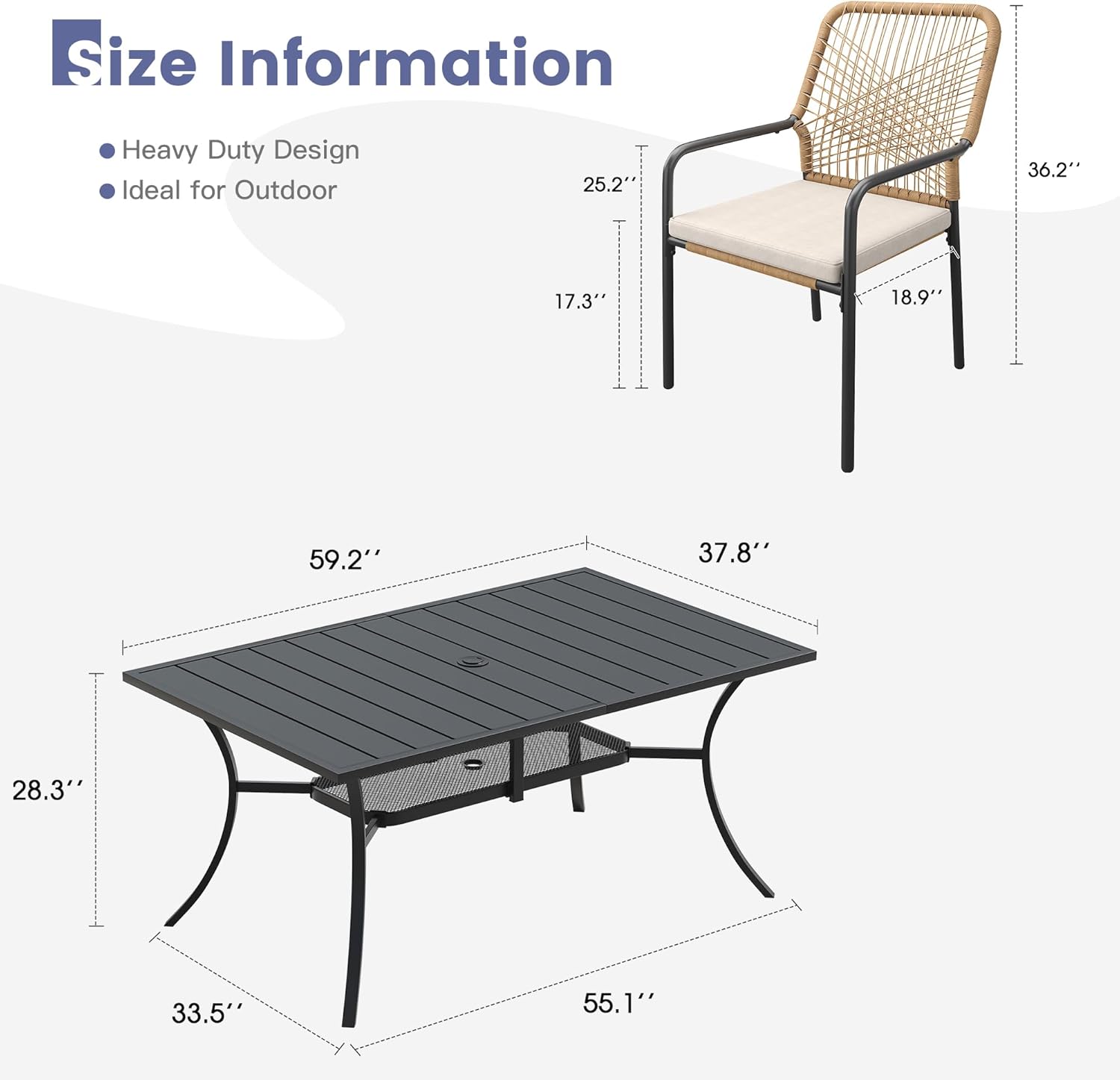 VICLLAX Outdoor Table and Chairs, 7 Pieces Patio Dining Set of Steel Outdoor Table with 6 Stackable Outdoor Chairs, Outdoor Patio Furniture Set for Porch Yard Garden Deck, Black Tabletop