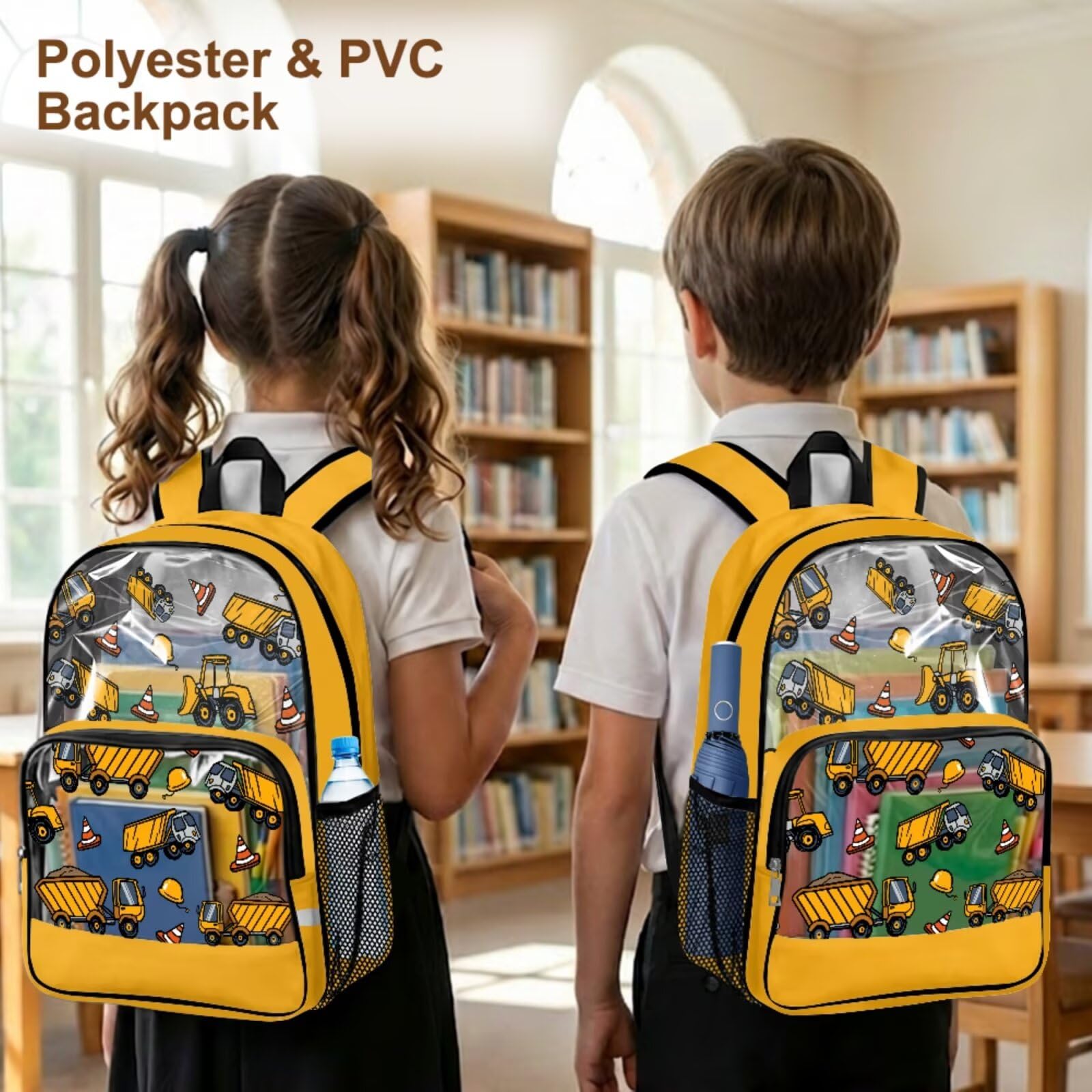 COEQINE Zaino trasparente da 4 pezzi per ragazzi 8-12 bambini borsa per libri scolastici con astuccio in PVC grande scatola per il pranzo Bookbag portachiavi, Costruzione Auto Giallo