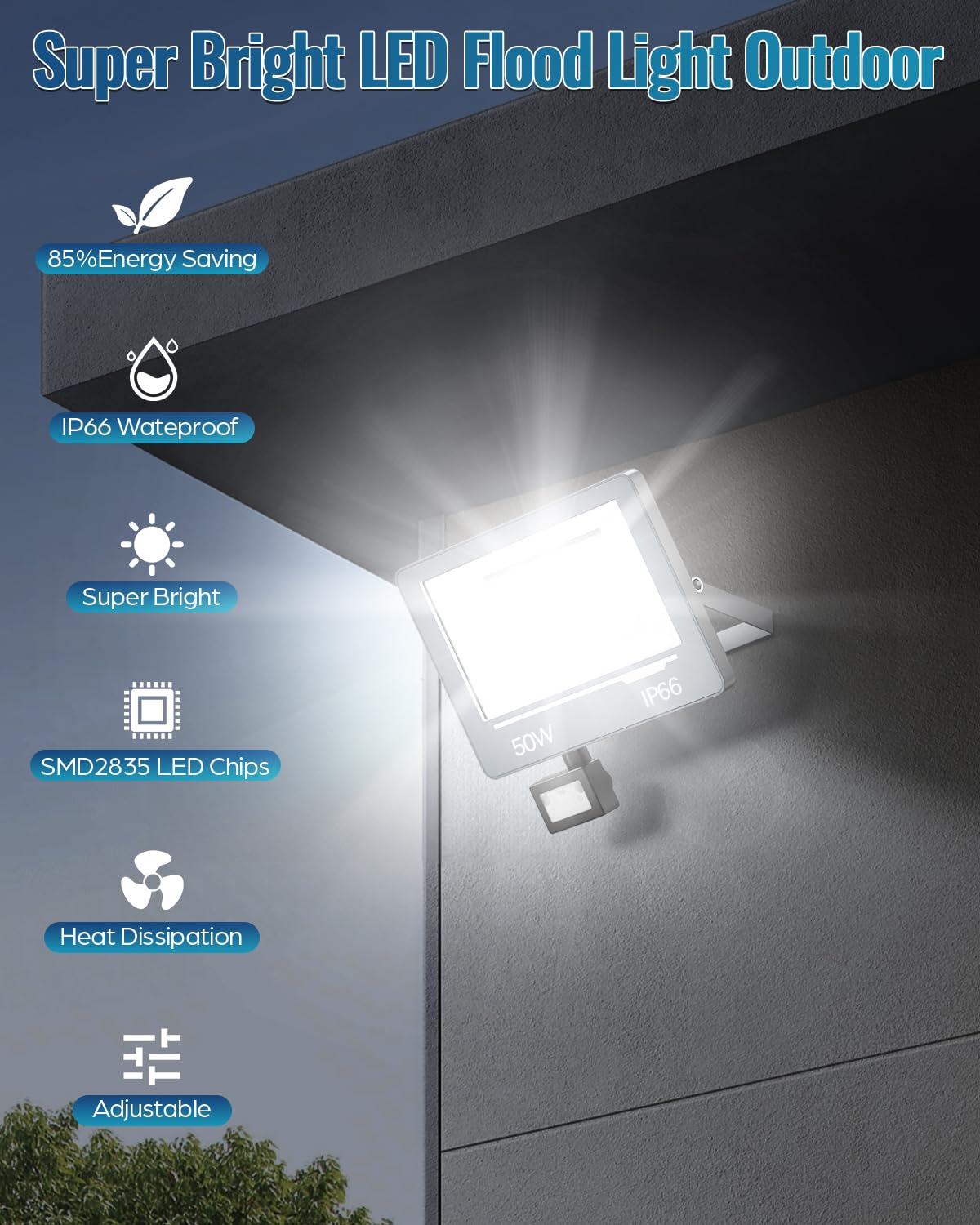Faro LED Esterno con Sensore Movimento 50W 5000LM - IP66 6500K Faro a Faretto LED da Esterno con Sensore di Movimento per Giardino Patio (2 Pezzi)