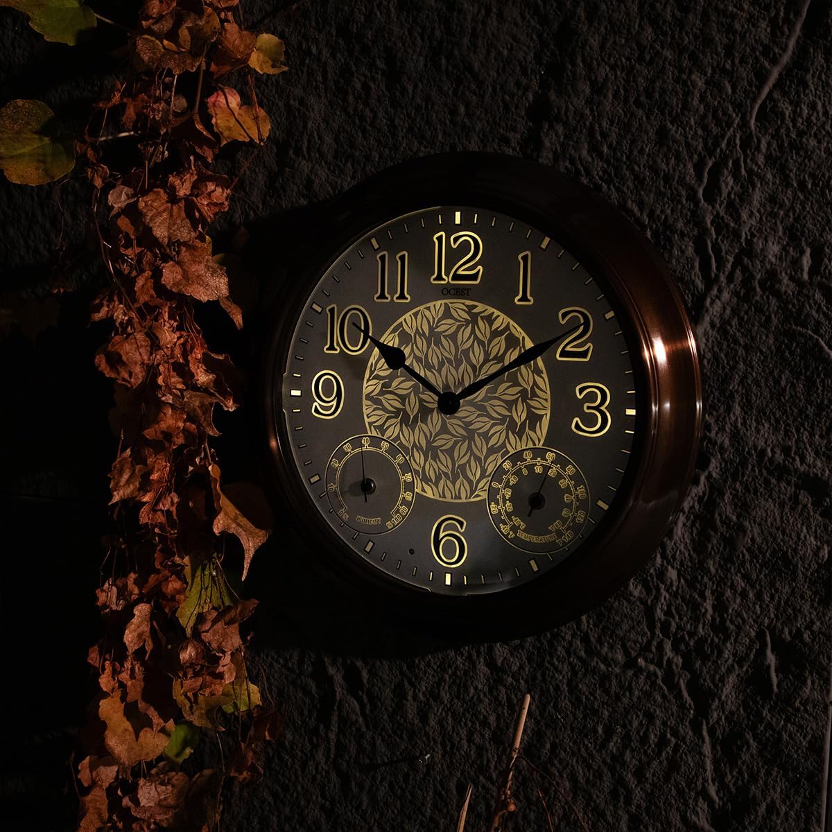 OCEST 15 Inch Illuminated Large Outdoor Clock Waterproof, Night Light Illuminated Wall Clocks with Smart LED Sensor, Temperature and Humidity Combo for Garden Patio Pool Garage (Metal)