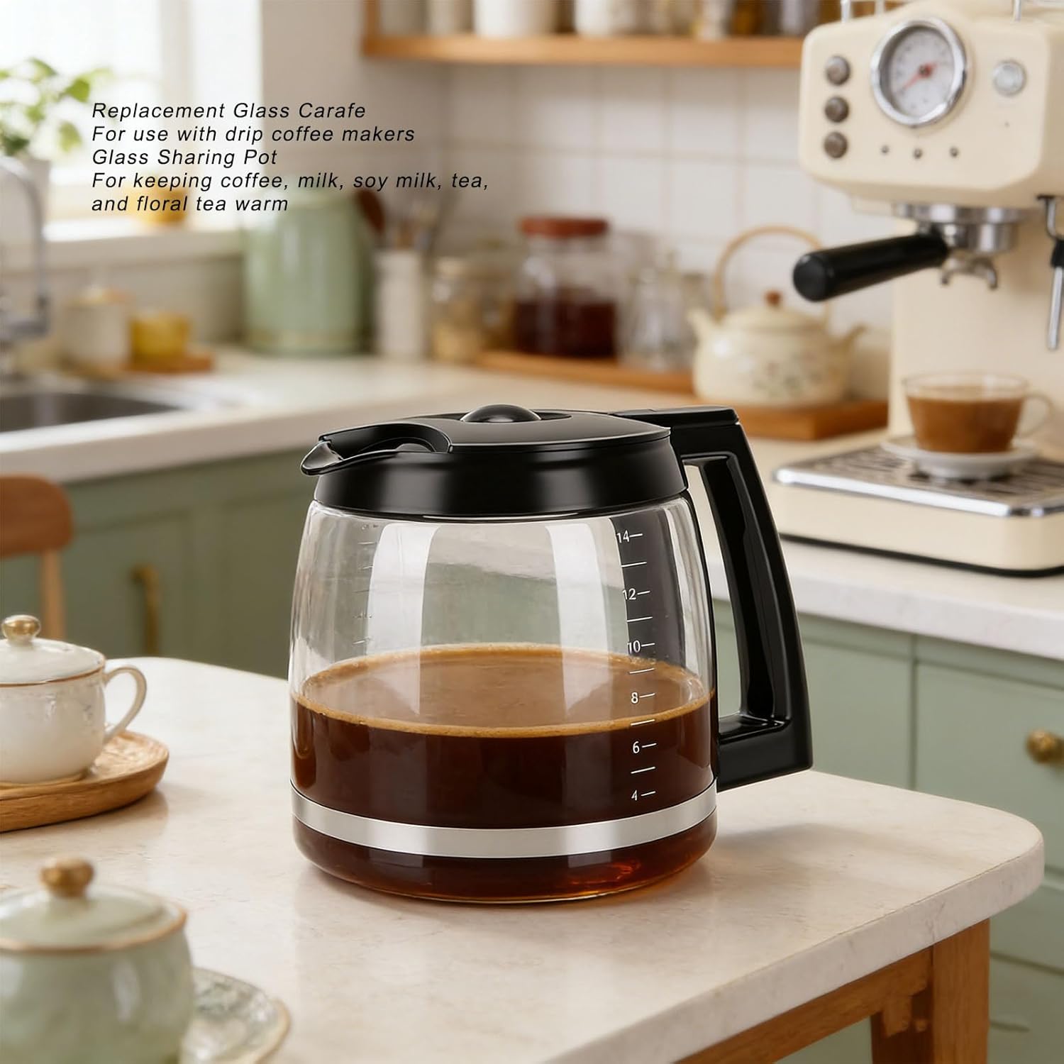 Glass Coffee Pot, Replacement Carafe with Comfortable Grip, Wide Mouth, Easy to Clean, Heat Cold Proof Coffee Maker Carafe, for Home Office (Replacement for 14 Cup 2.1L)