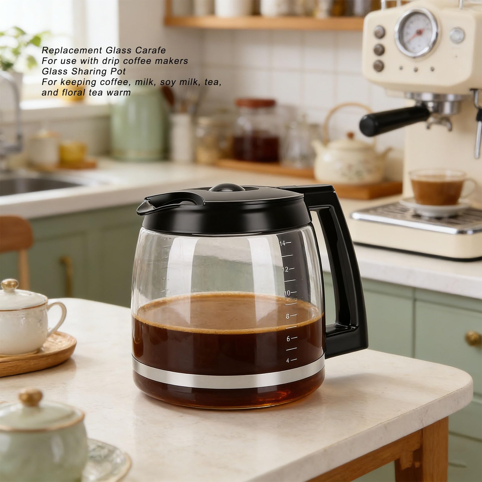 Ersatz für Kaffeekanne, Ersatzkaraffe für Kaffeemaschine aus Glas mit Griff, und Kältebeständige Kaffeekanne für Espressomaschinen, Leicht zu Reinigen (Ersatz für 14 Tassen 2,1 l)
