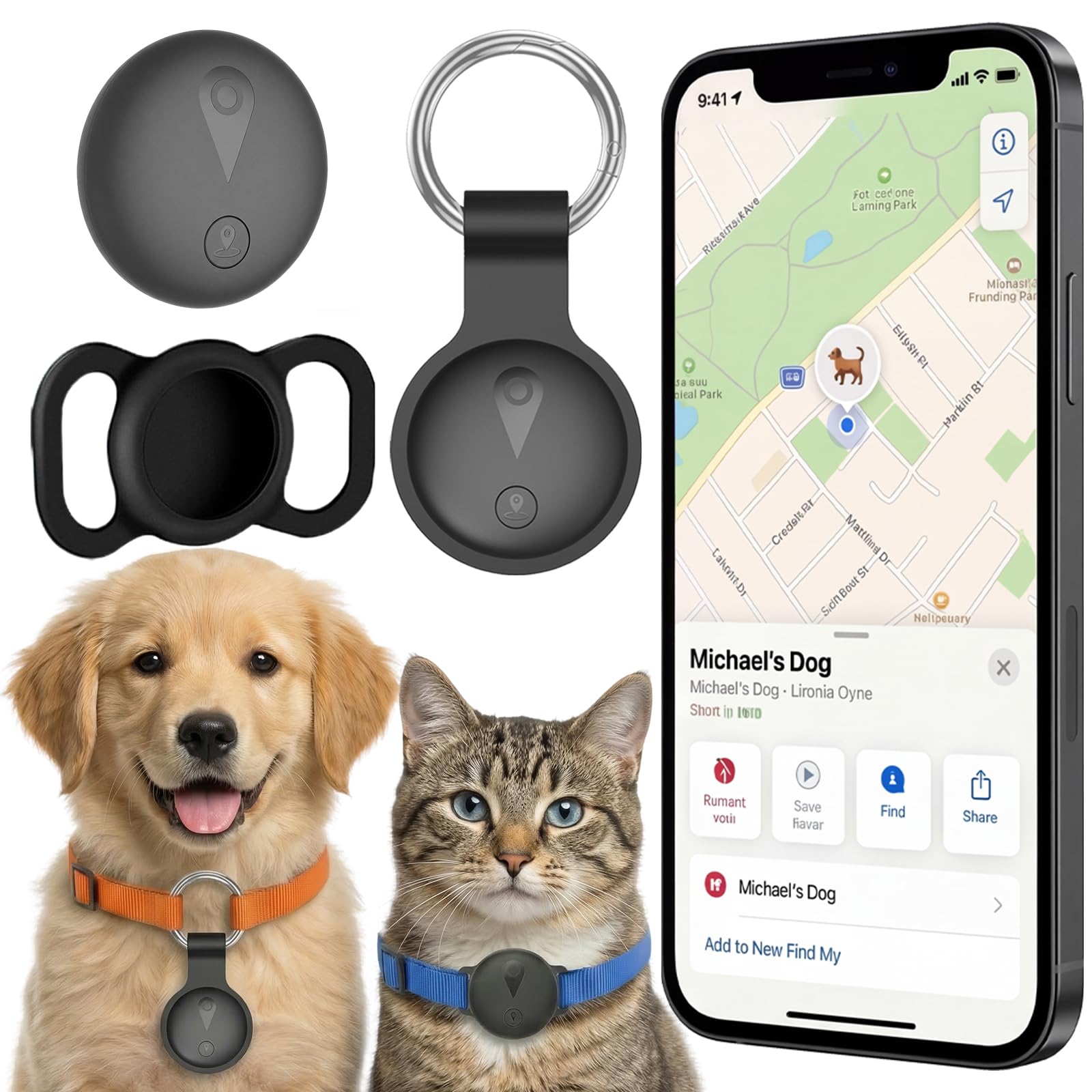 Collar GPS per Gatti e Cane, Tracciatore Senza Costi Mensili, Compatibile con iOS/Android, Tracciamento in Tempo Reale, Impermeabile IP67, Batteria a Lungo Durata, Nero