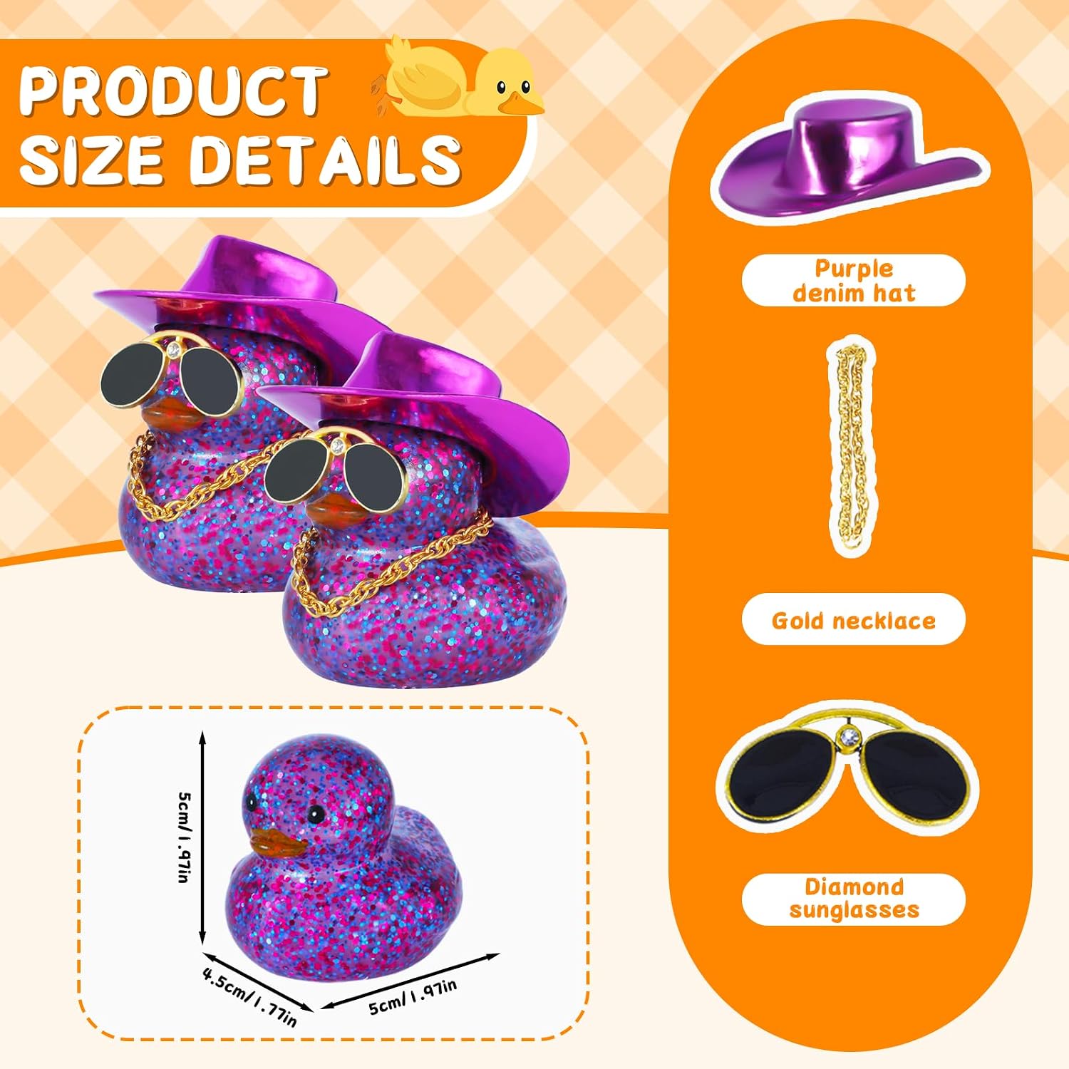 2pcs Purple Funny Rubber Ducks with Purple Cowboy Hats, Gold Necklaces, Diamond Sunglasses - Squeaky Car Dashboard Decorations Duck, Rubber Duck Accessories for Car Ornament, Office & Home Decor