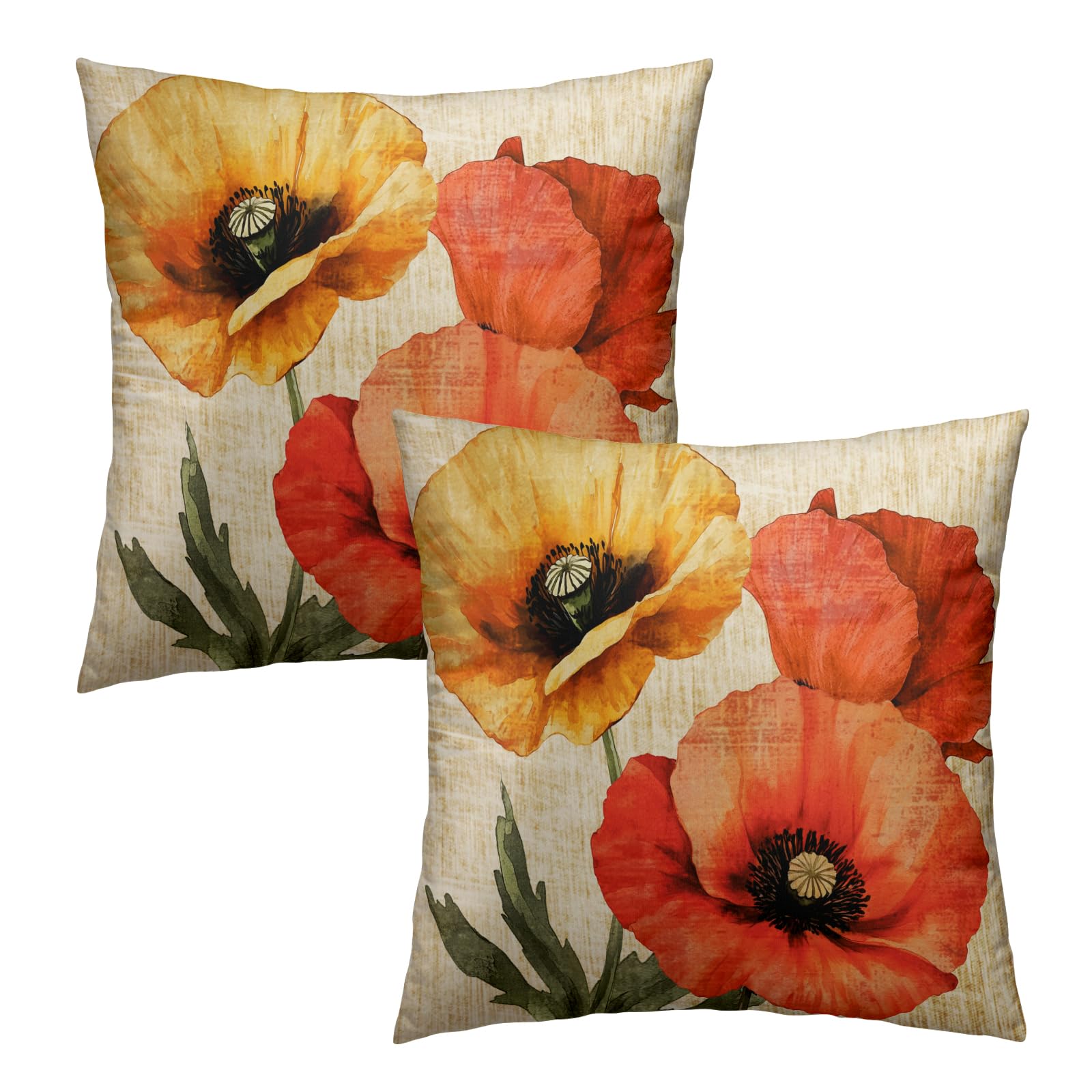Vintage Poppy Flower Pillow Covers Set of 2, 20"x20" Rustic Spring Summer Yellow Orange Floral Throw Pillowcases, Retro Cotton Cushion Cover for Sofa Couch Indoor Outdoor Decor