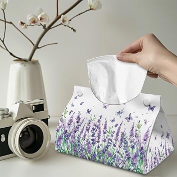 Lavender Butterfly Tissue Box Cover Rectangle PU Leather TissueHolder Soft and Comfortable Wipe Holder for Bathroom, Vanity, Countertop, Tabletop, Car, Office
