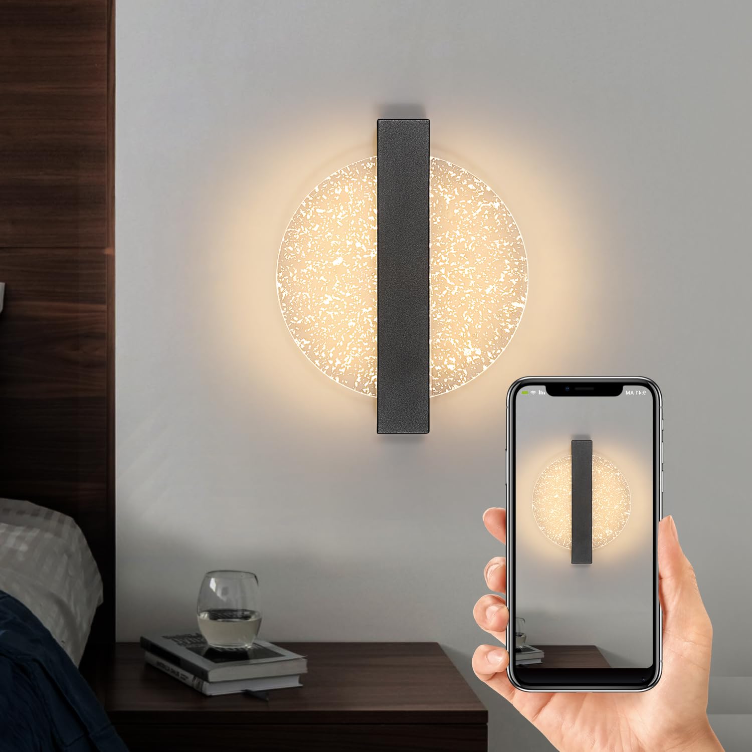 Lampy ścienne LED ściemnialne do wnętrz, 12W okrągła kreatywna akrylowa lampa ścienna LED 3000K-6500K, lampa ścienna nowoczesna lampa nocna czarna do salonu, sypialni, klatki schodowej, przedpokoju.