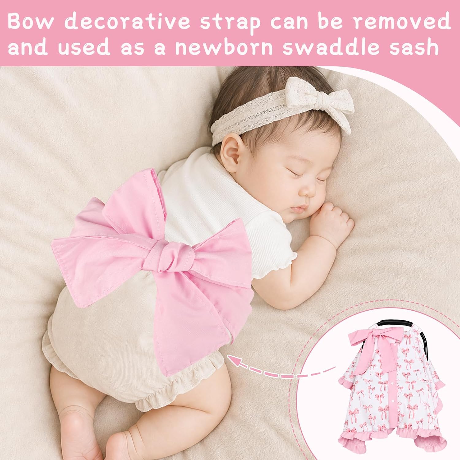 Baby Car Seat Cover with Ruffle Hem and a Removable Bow, Minky Carseat Cover Baby Girl, Peekaboo Opening Infant Car Seat Cover, Breathable Baby Car Seat Canopy for Summer, Pink Bow | Soft and Breathable Material