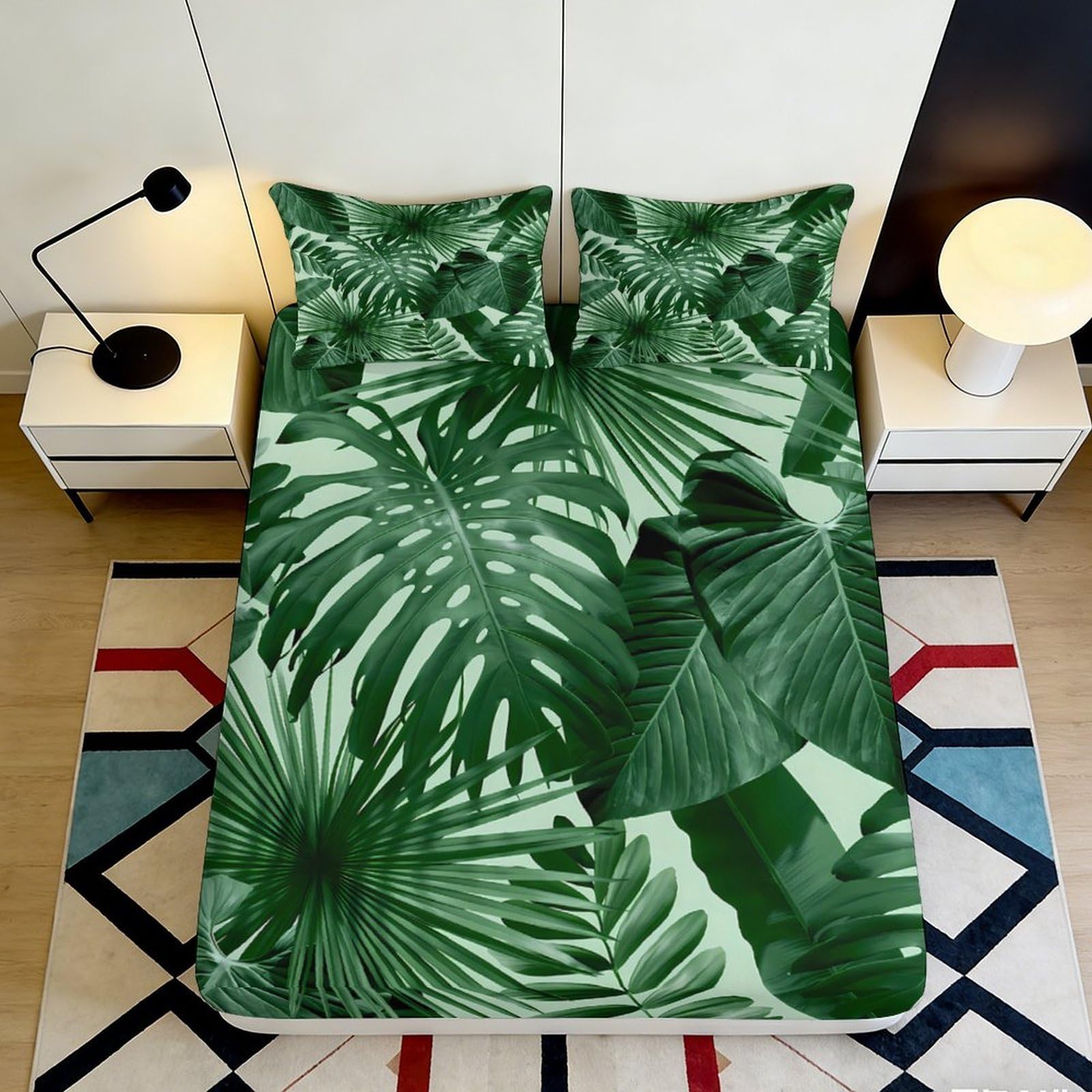 3D Printed Tropical Jungle Leaves Fitted Sheet Microfiber Soft Mattress Cover Botanical Green Bed Decor, Bedroom Guestroom 140x200x25cm