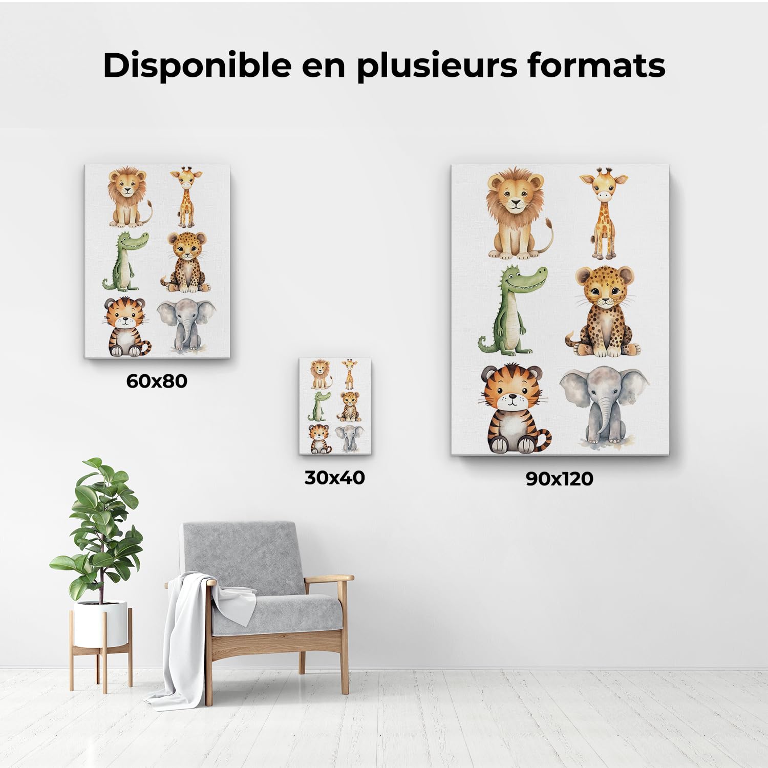 Artaza Tableau Décoration Murale Animaux Safari Bébé - 60x80 cm - Deco Murale Lion Girafe - Impression Sur Toile Tigre Elephant - Peinture Chambre Enfant - Aquarelle