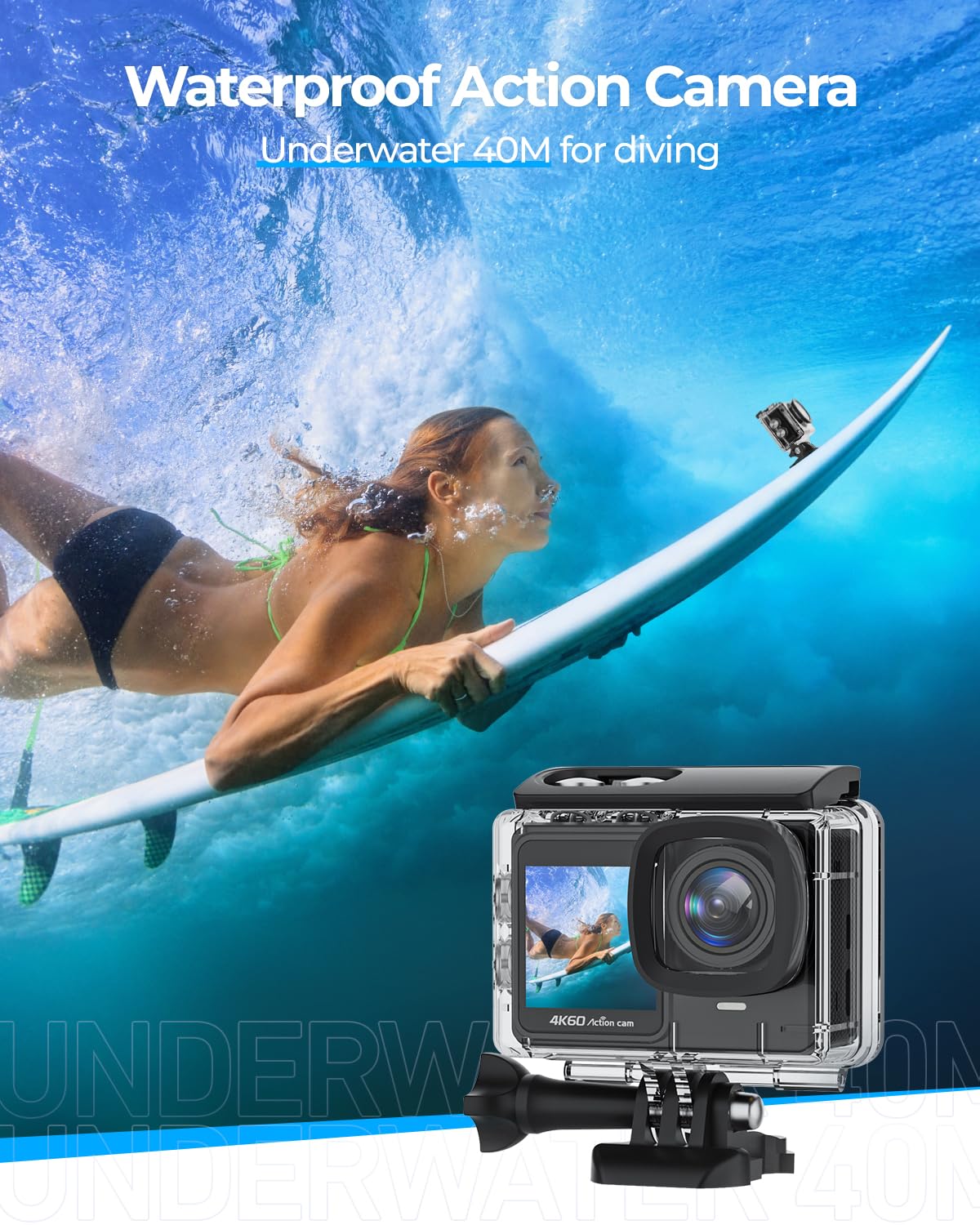 4K/60FPS Action Cam con 64GB SD Card, 8X Zoom 24MP Fotocamera Subacquea 131FT Fotocamere Impermeabili Sportive Cam con Telecomando 2 * 1350mAh Batterie Kit Accessori Casco