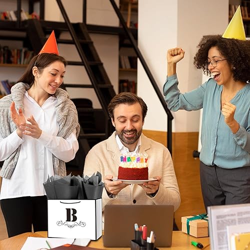Miniatura 7 de Bolsa de regalo de letras con papel de envoltura para hombres, mujeres, niños y niñas, bolsa de papel grande de 12 pulgadas de color blanco y negro