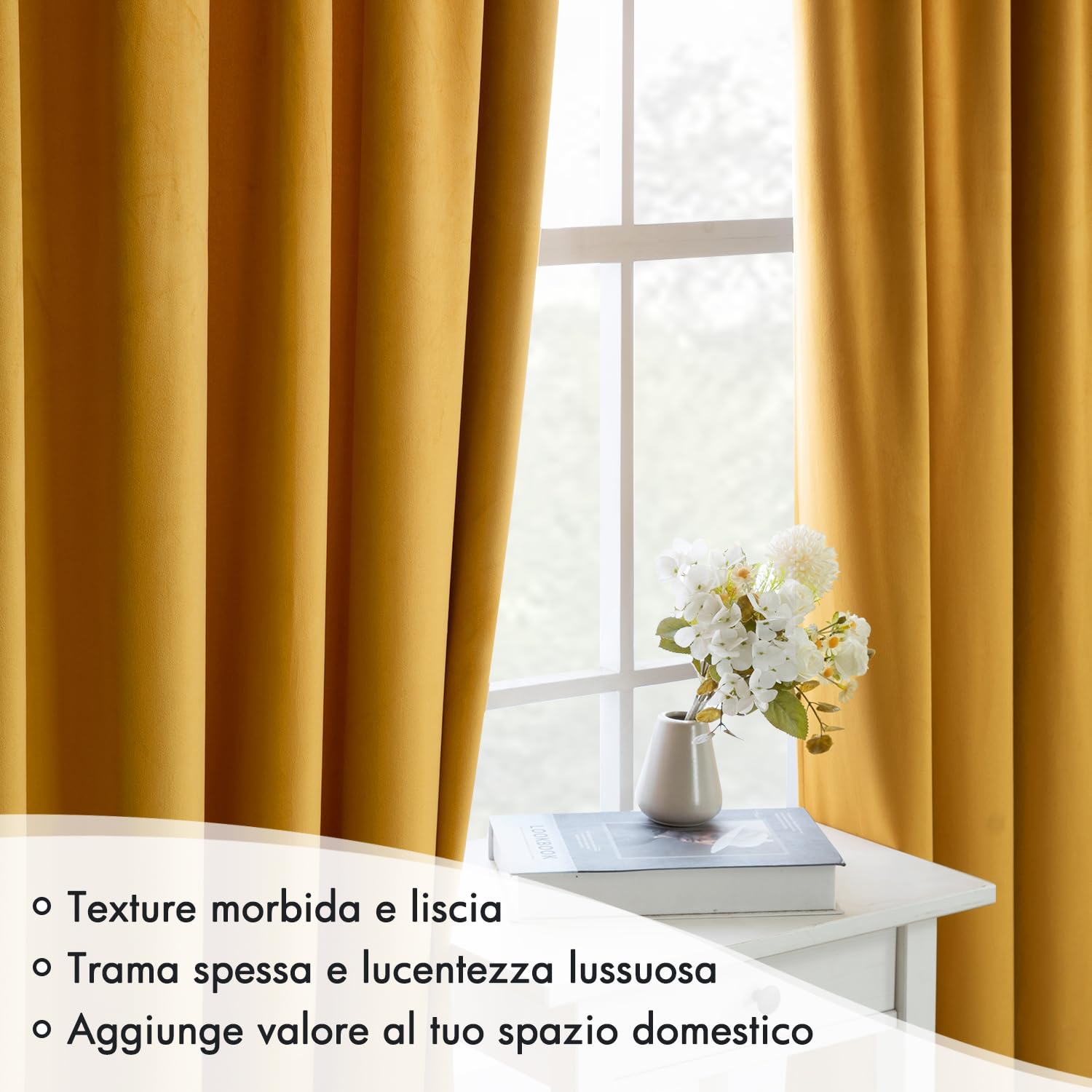MIULEE Tende in velluto con fettuccia arricciata, 140 x 245 cm, confezione da 2, belle lussuose semi-oscuranti, tende gialle, senape, moderne tendine soggiorno camera da letto, finestra, spesse tende