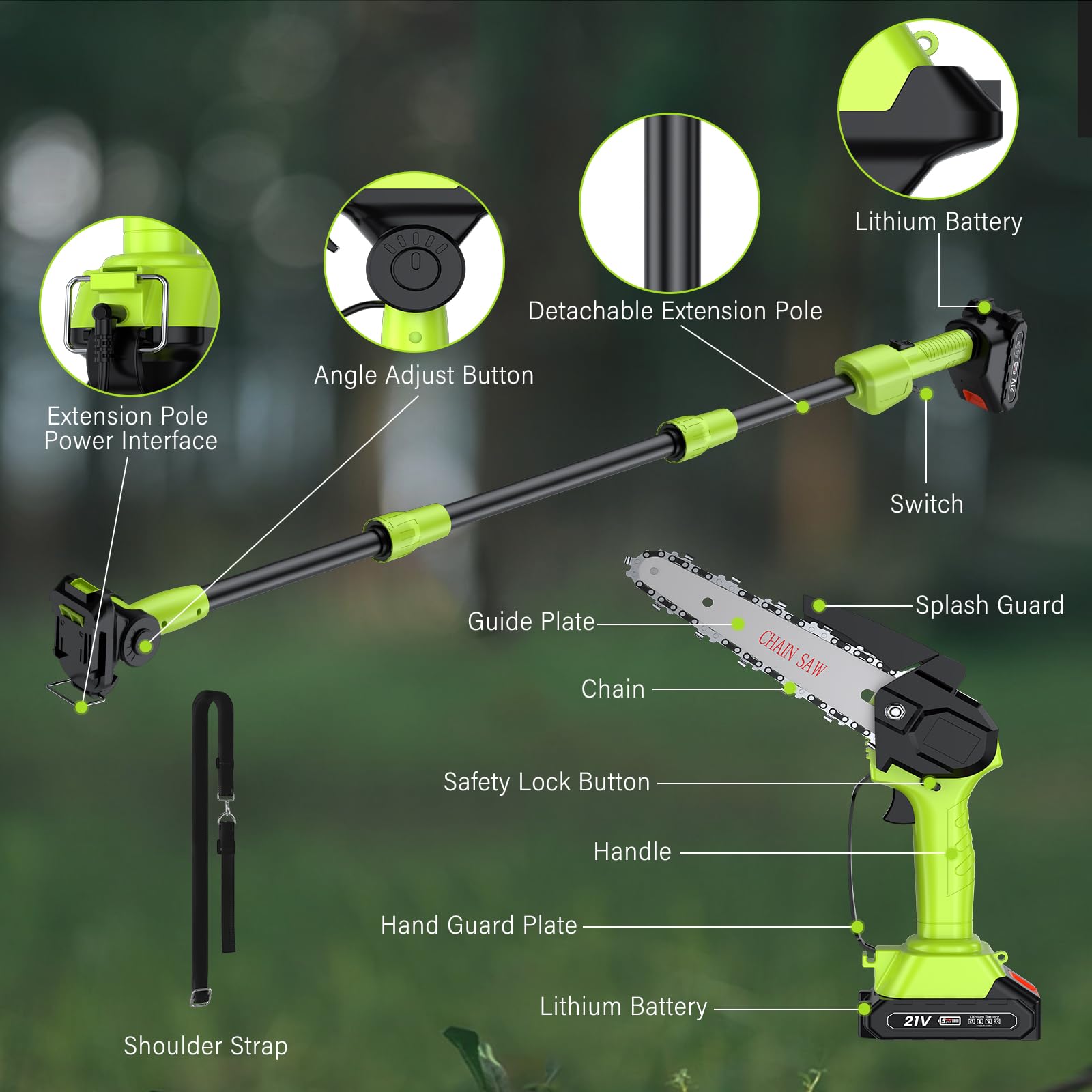 Élagueuse sur Perche Sans Fil et Mini Tronconneuse a Batterie 2 en 1 Tronconneuse Electrique 6 Pouces avec 2 Batteries, 4 Chaînes, Gant, Lunettes, Bandoulière, pour Jardin, Branches, Bois