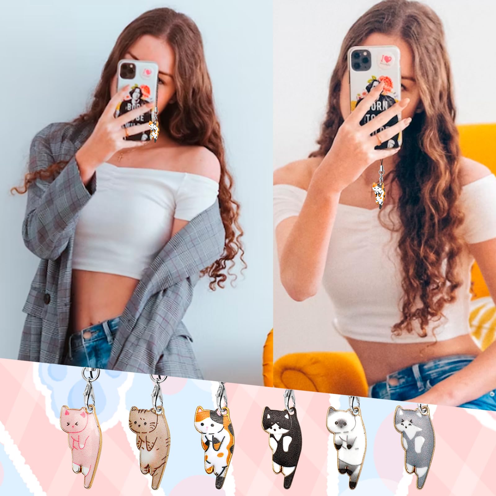 SUNNYCLUE 1 Box 24 Set 6 Styles Telefon Anhänger Handys Charms Strap Kawaii Handys Charm Süße Katze Tier Haustiere Phone Charms Für Frauen Erwachsene DIY Geldbörse Schlüsselanhänger Moblie Phones