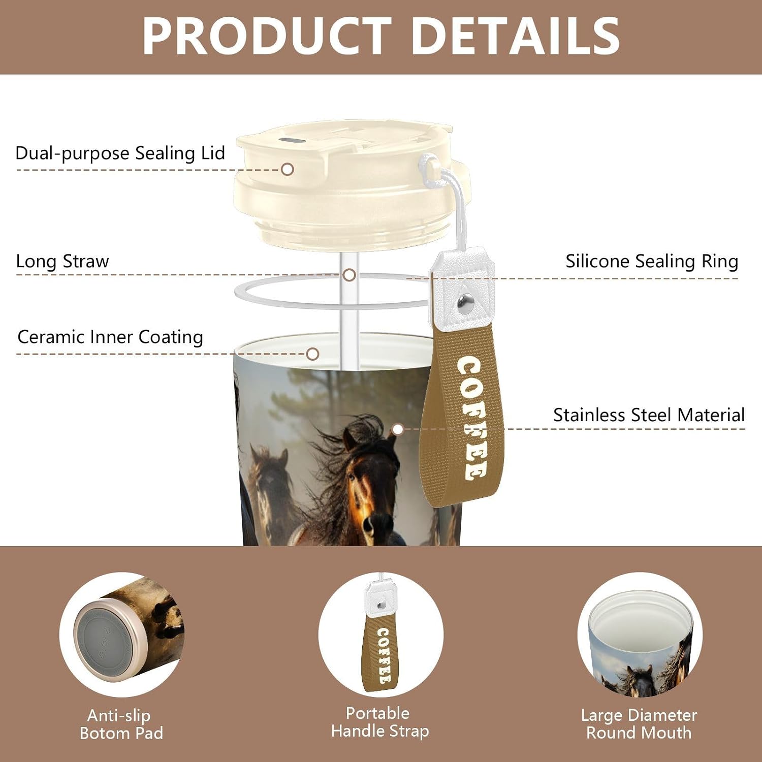 Horses Run Group Insulated Coffee Mug with Straw & Flip Lid, 16.9oz Iced Tumbler Cup, Double Wall Vacuum Leak-Proof Mug for Travel Office