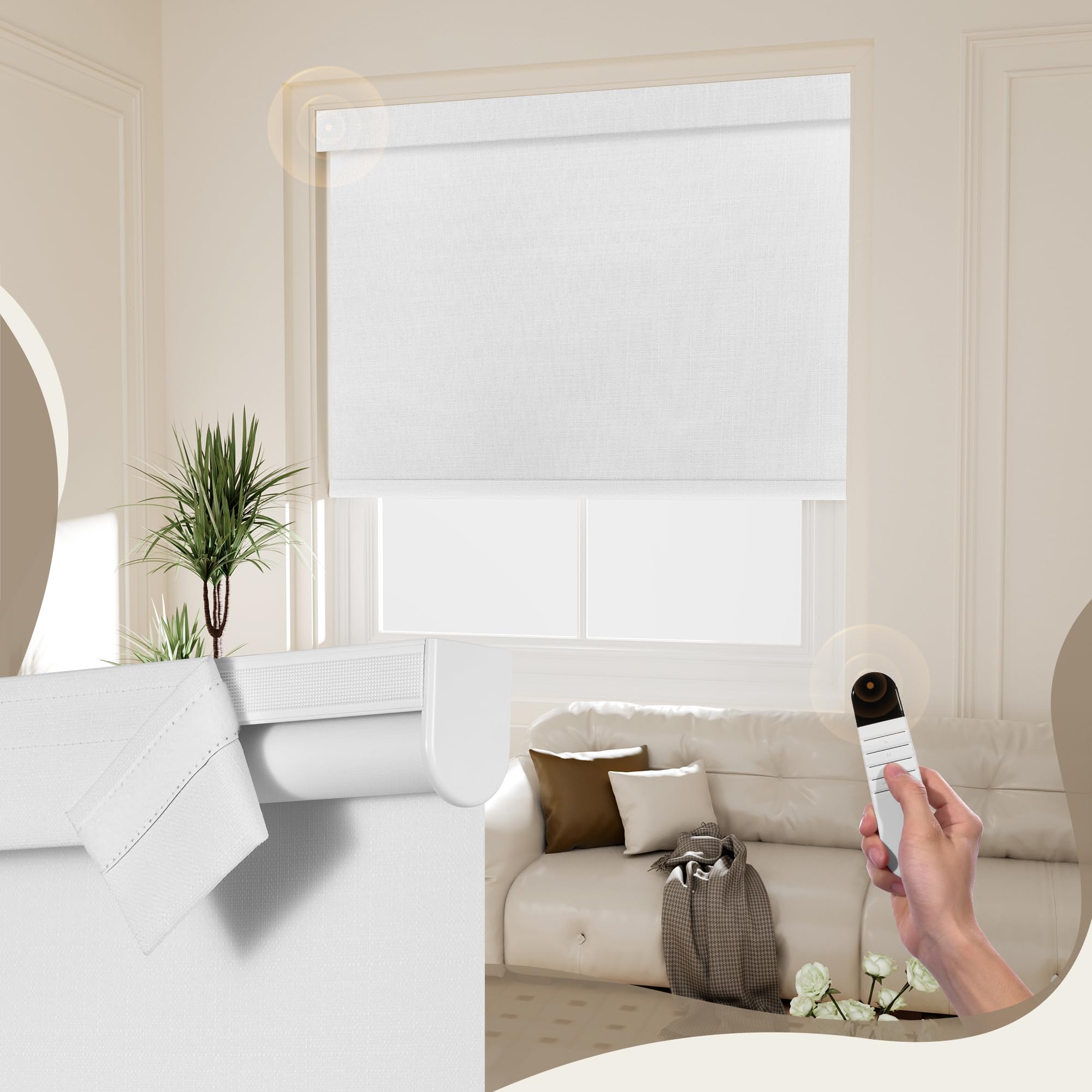 Boolegon Motorized 100% Blackout Roller Blinds with Remote, Smart Electric Window Shade, Compatible with Alexa, Google Home & Apple HomeKit via Hub, Easy Install for Home/Office, White, Custom Size