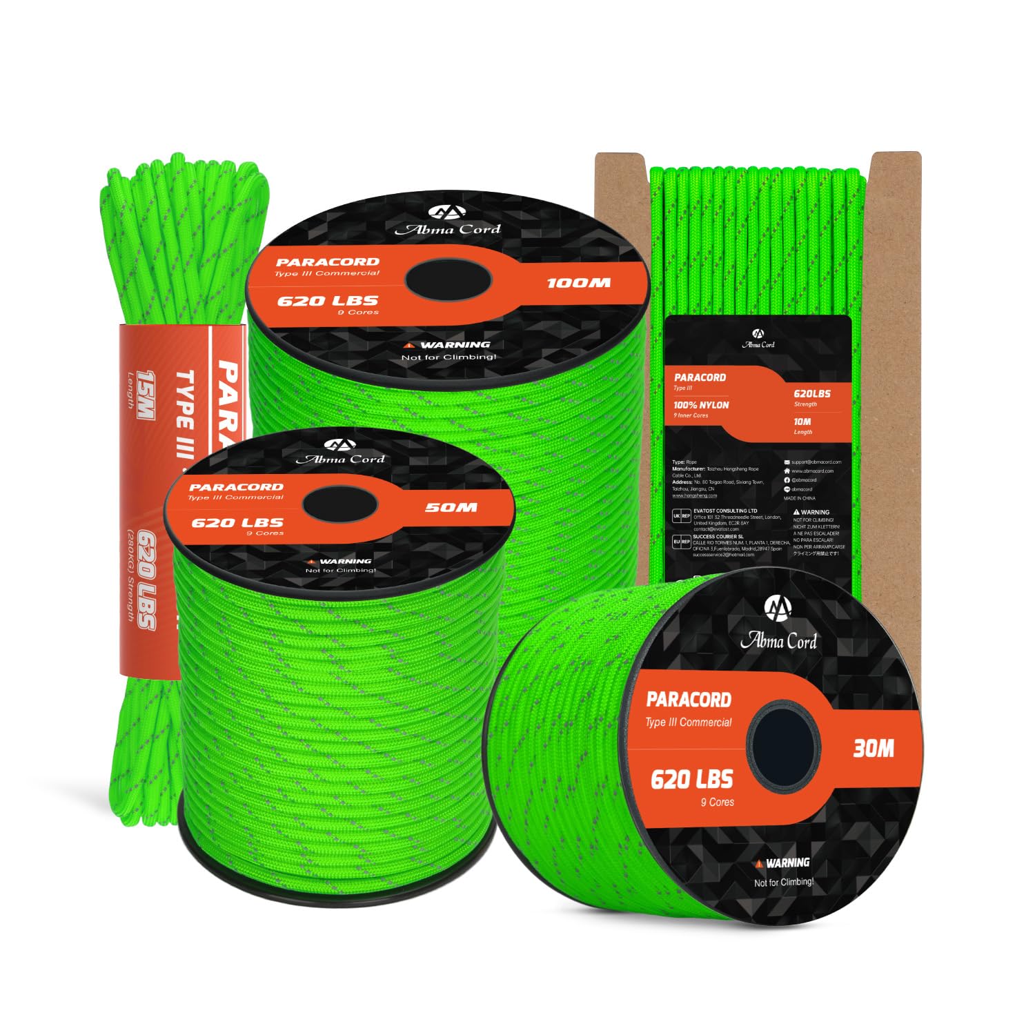 Abma Cord Paracord 4mm 10m 100% Nylon Rope 9 Strands Type III Parachute Cord for DIY, Camping, Survival, Outdoor - Max. 280kg - Reflective Neon Green