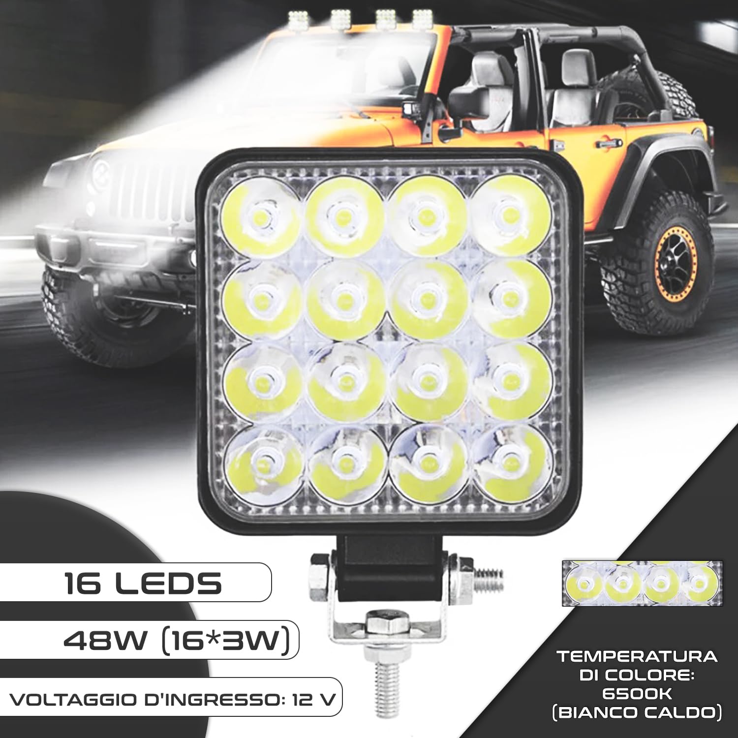 Trattore 12V alluminio abs 48W 16 led 6500K 10.5 cms 4.21" faro led 12v faretto da lavoro