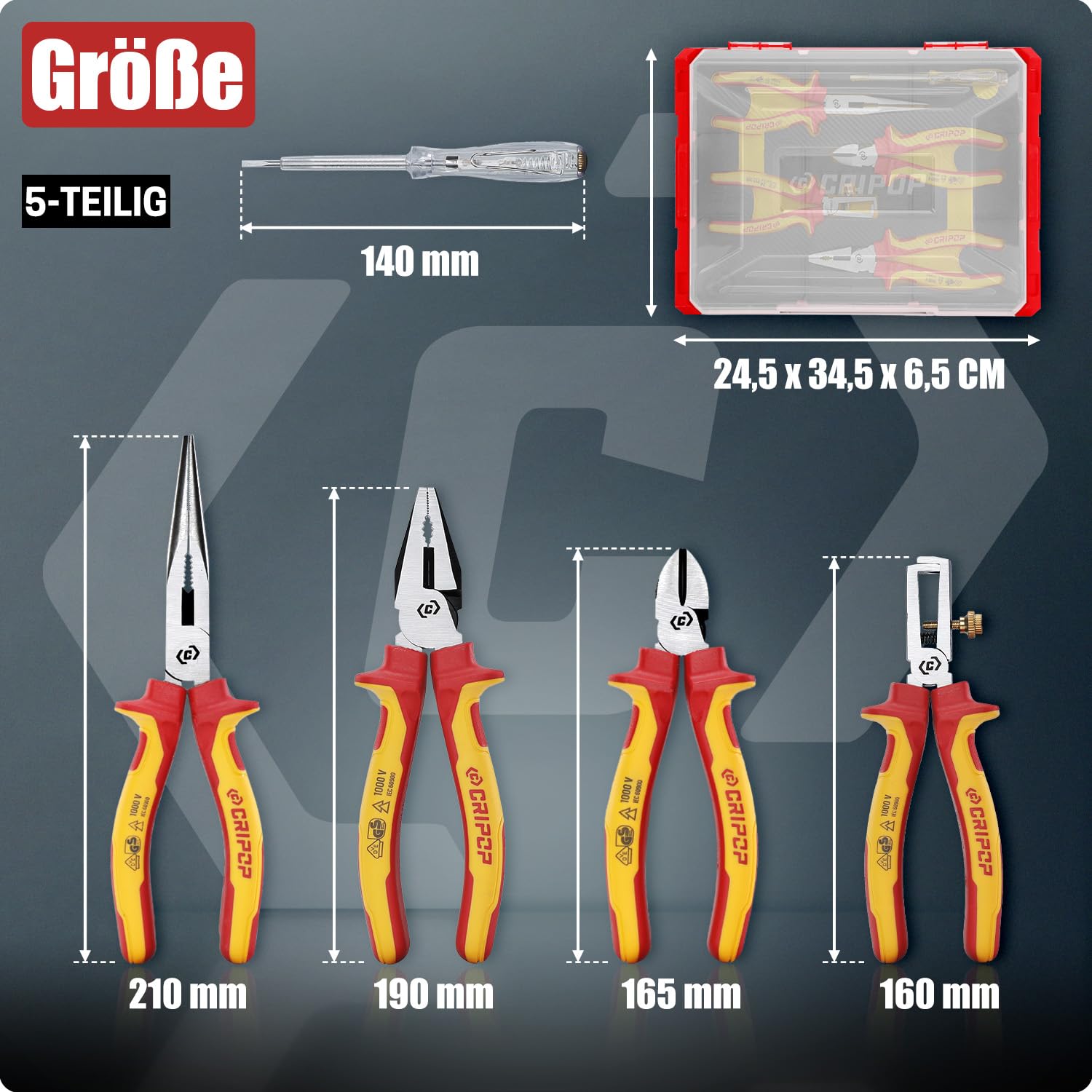 4 tlg VDE-isolierter Zangen-Satz, 1000V, inkl. 190mm Kombizange, 165mm Seitenschneider, 160mm Abisolierzange, 210mm Langnase & Spannungsprüfer,mit Aufbewahrungsbox für Profis