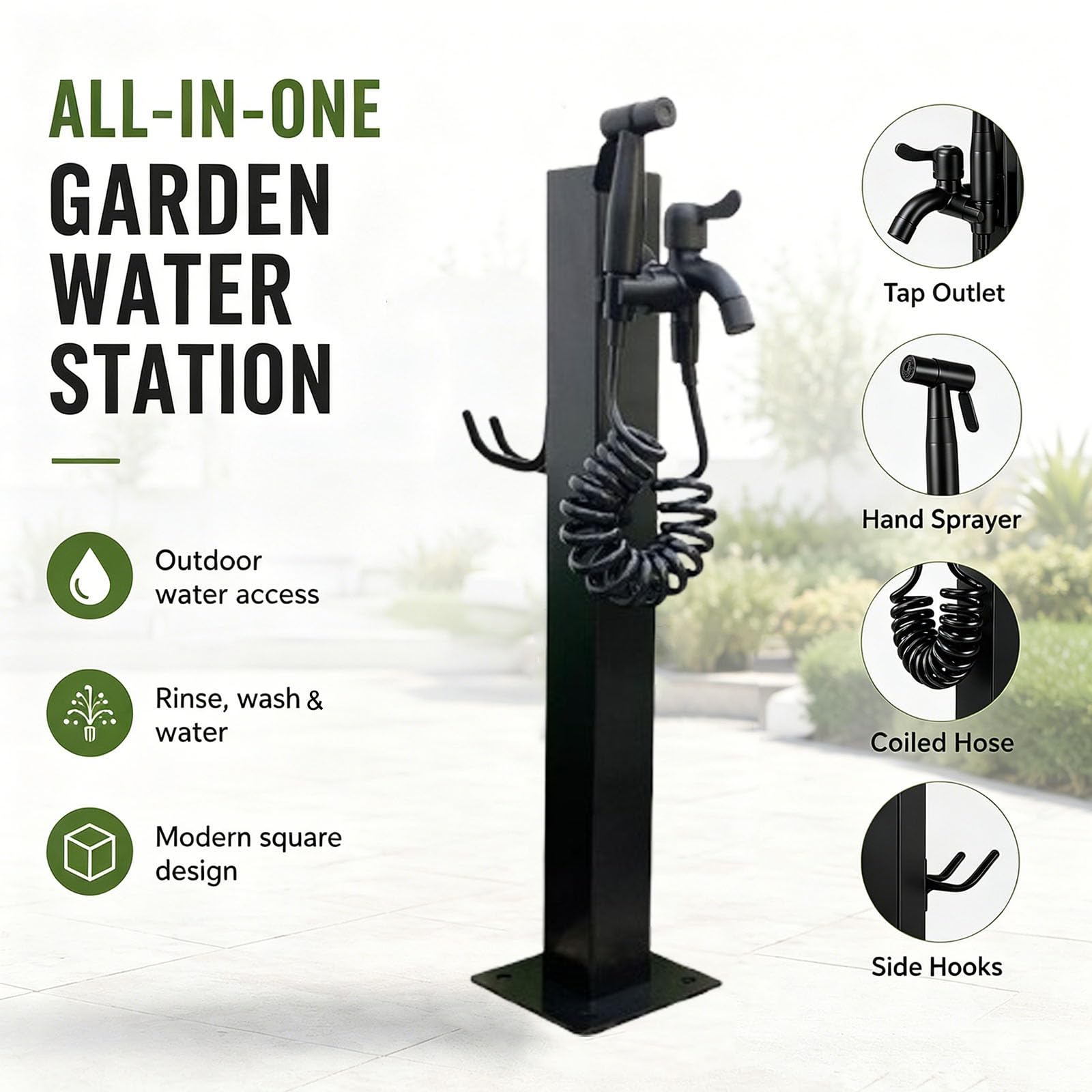 Grifo De Jardín Con Columna, Columna De Agua Exterior De Acero Inoxidable 304 Con Grifo De Latón, Tubo Interior Ppr Aislado, Poste De Agua Para Jardín, Terraza, Patio, Césped Y Parque, Negro
