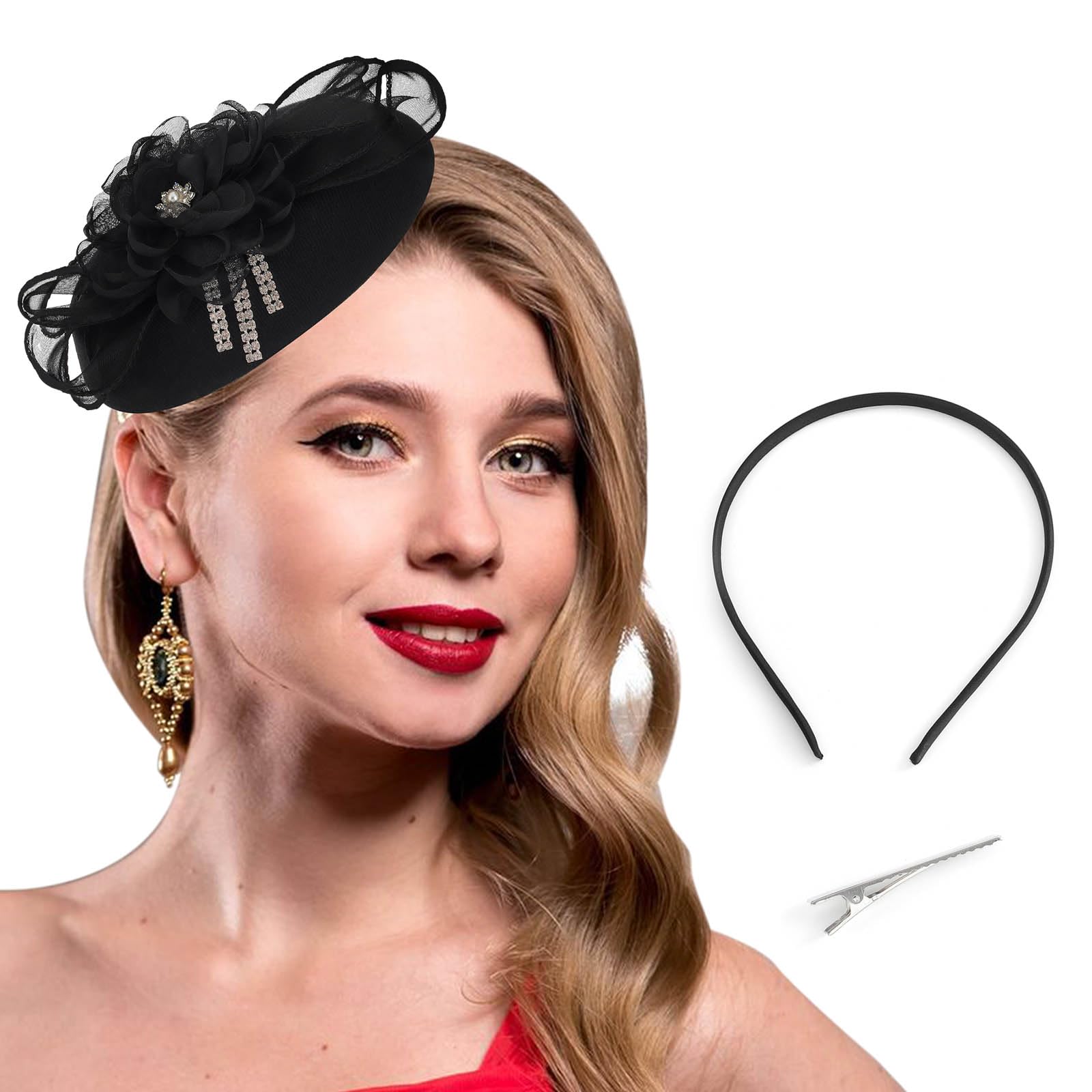Bohend Fascinator Hat Flower Pillbox Vintage Bow Derby Hats Tea Party Wedding Rhinestones Hair Accessories for Women and Girl (Polyester, Black)