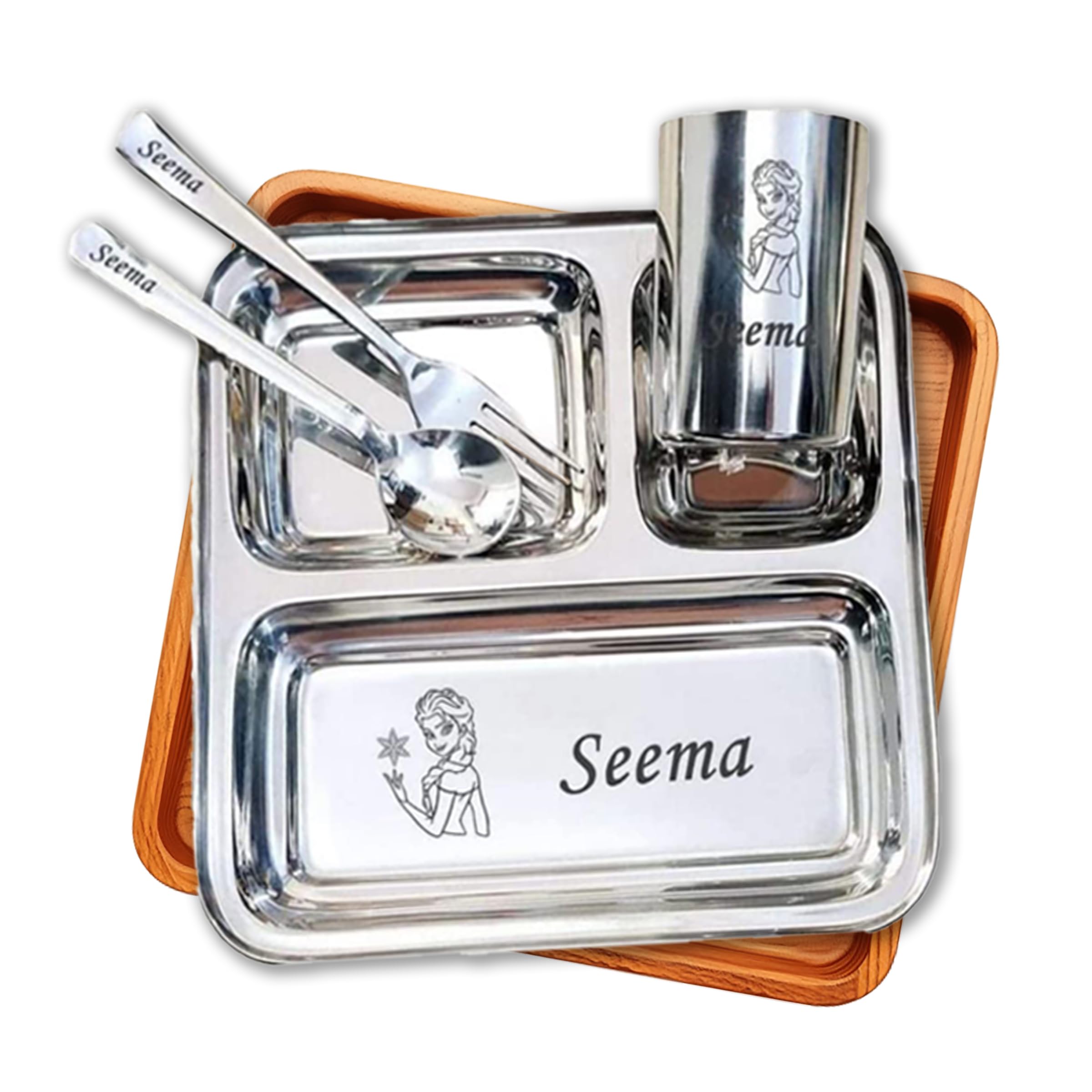 SAVRI Personalized Stainless Steel Mealtime Printed Dish – Customized Name & Favorite Cartoon Motif Engraved – Kids Dinner Set for Boys & Baby Girls – Ideal Birthday & Return Gift – 4 Pcs (1 Set)