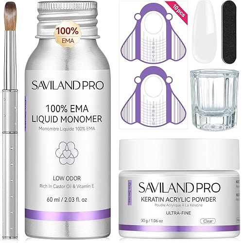 SAVILAND Acrylic Nail Kit Low Odor: Bio-Sourced Nail Kit Acrylic Set with Bio-Based Keratin Clear Powder and Liquid Set Size 12 Kolinsky Brush File Forms & Tools for Professionals Home Salon Manicure