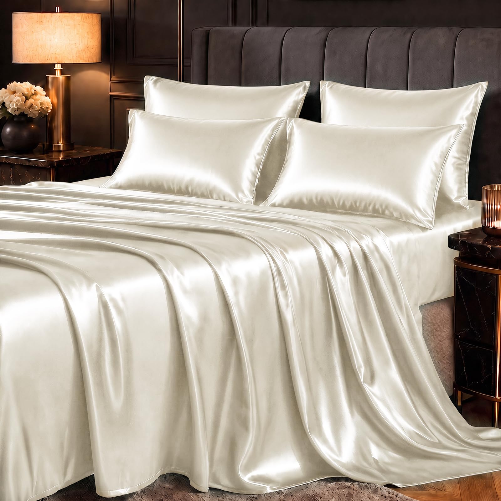 CozyLux Satin Sheets Full, 6-Piece 14-Inch Deep Pocket Sheet Set